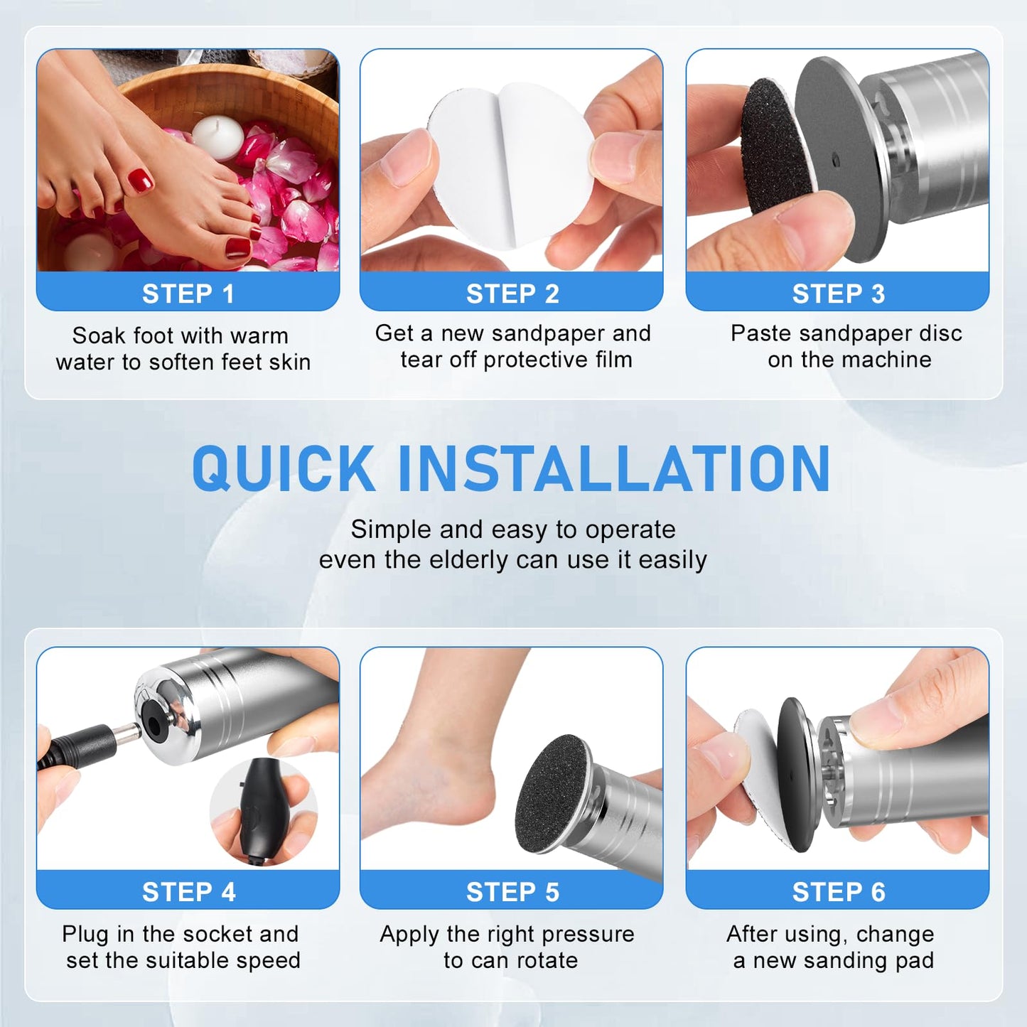 krofaue Electric Callus Remover for Feet Adjustable Speed Electric Foot Filer 60pcs Replacement Sandpaper Disk Electric Foot Grinder Professional Foot Sander for Dead Skin Calluses(Silver)