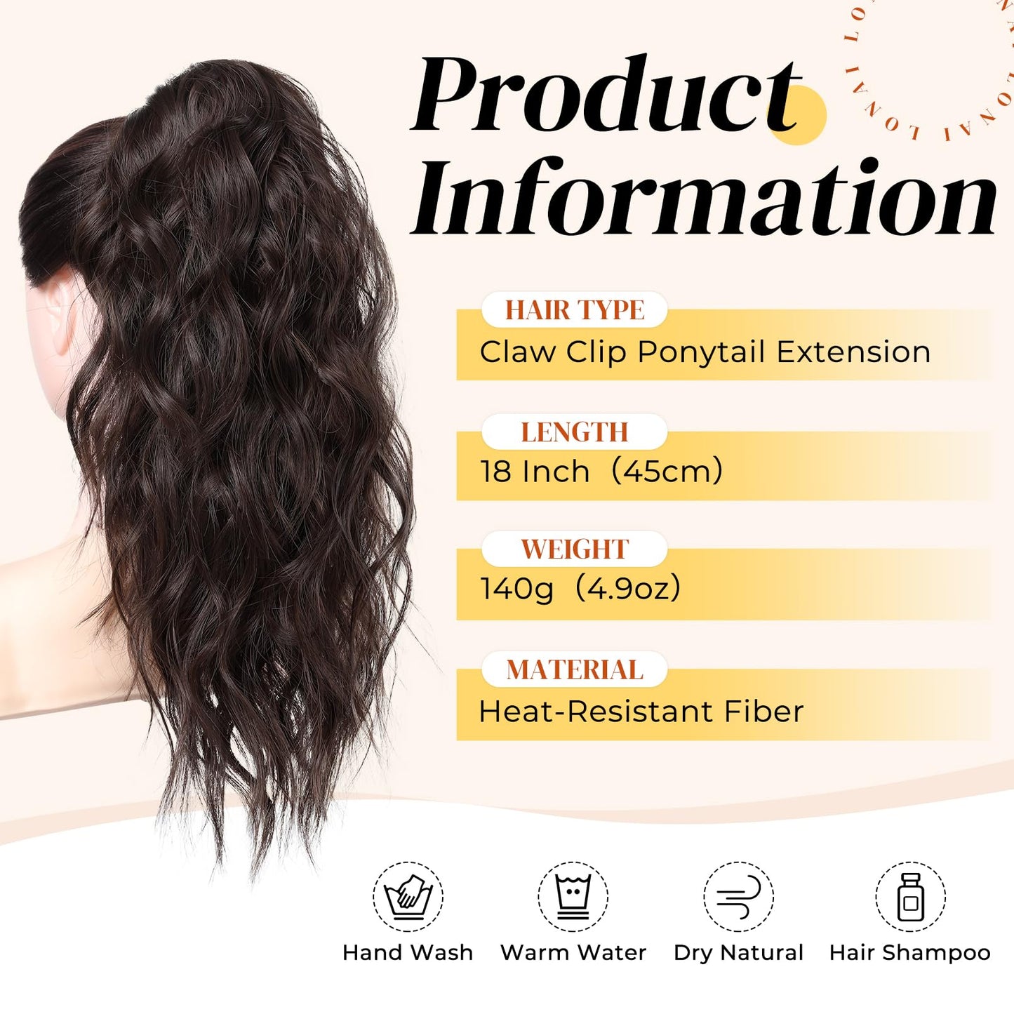 LONAI Ponytail Extension, 18" Wavy Claw Clip Ponytail Extensions ZJ001 Curly Wavy Claw Clip in Ponytail Hair Extensions Synthetic Fake Pony tails Hairpieces-Dark Reddish Brown