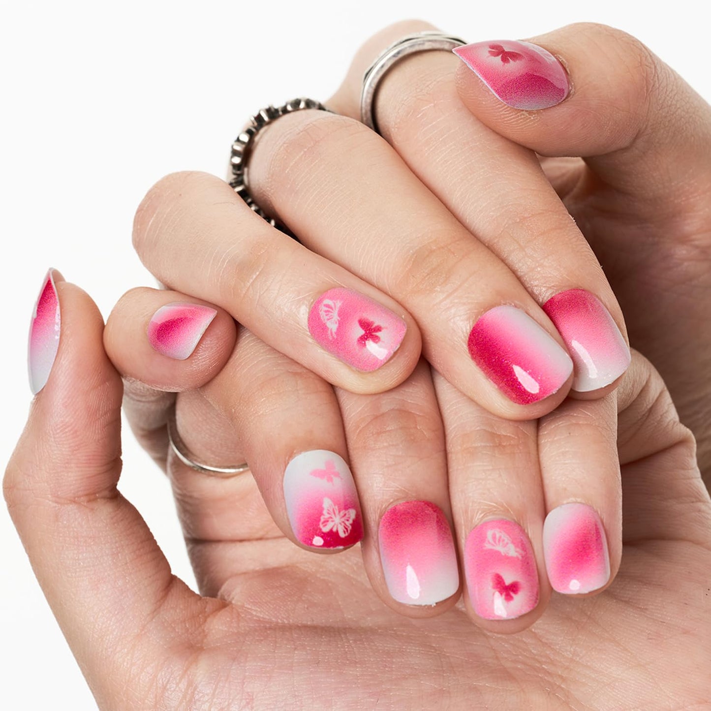 GLAMERMAID Hot Pink Ombre Extra Short Press on Nails, Y2K Butterfly Fake Nails Short Squoval, Natural Round Square Glue on Nails Glossy Gel, Acrylic False Nails Manicure Kits for Women, Reusable Nails