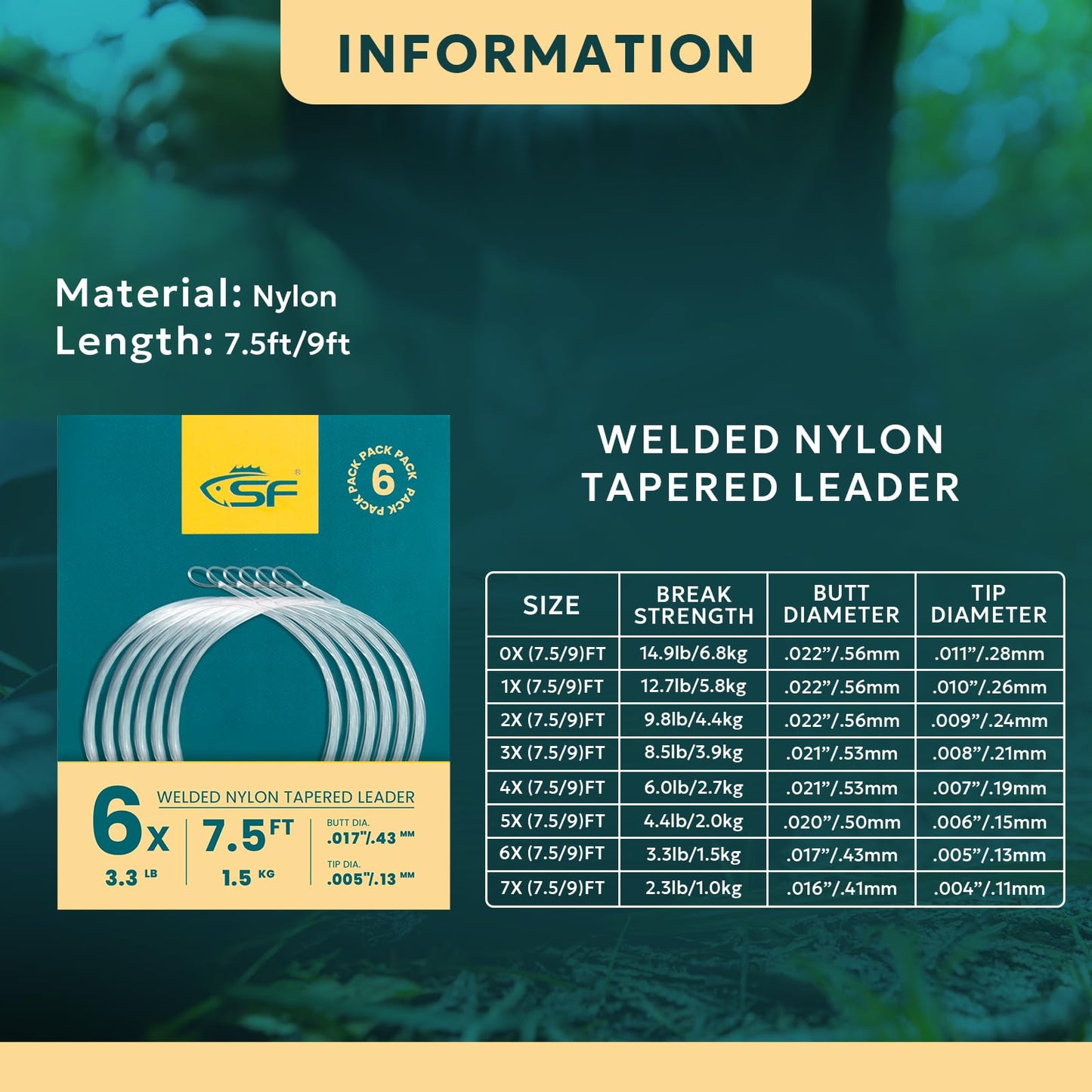 SF Welded Tapered Leader Fly Fishing with Loop Nylon 7.5ft Fishing Leader (6X 6 Pack)