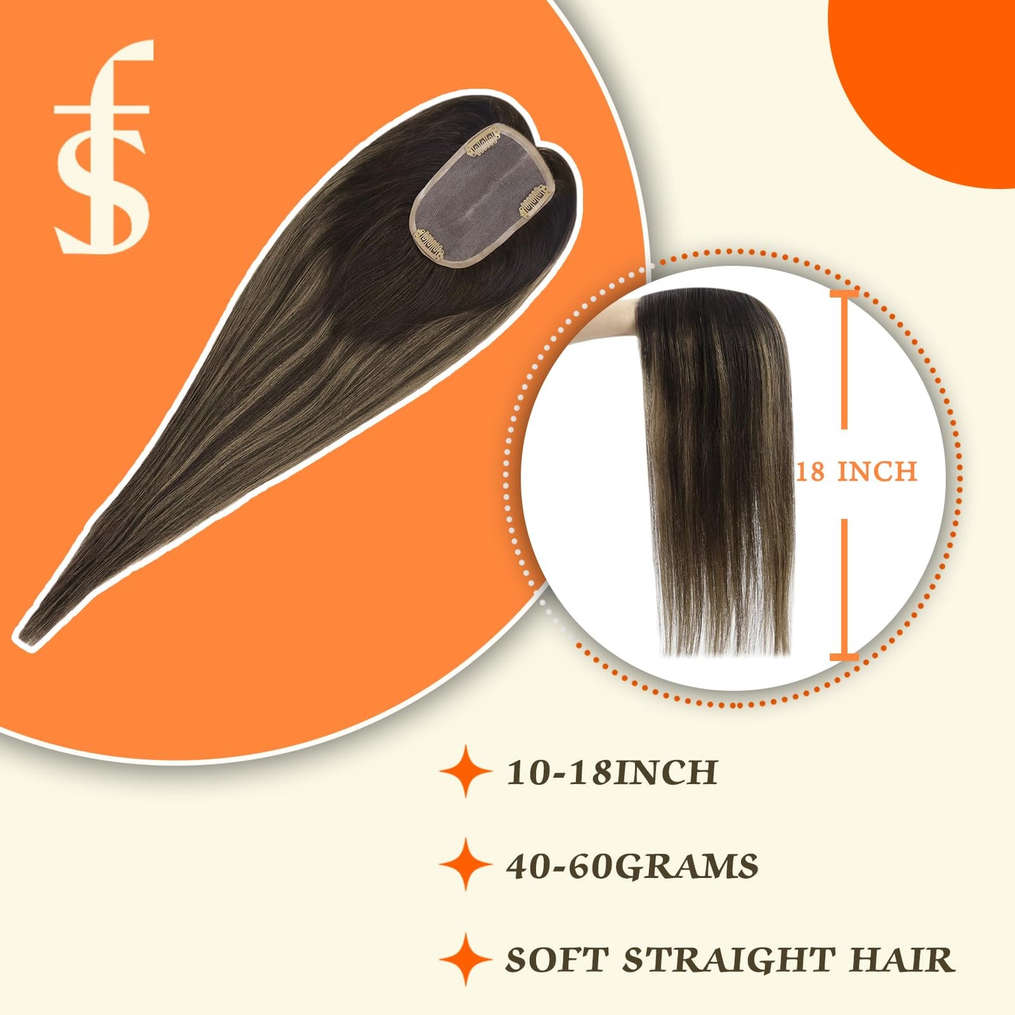 Full Shine Hair Toppers For Women Real Human Hair 3 * 5 Inch Ombre Darkest Brown To Ash Brown Highlights Brown Hidden Crown Hair Extensions Hair Pieces With Clips For Short Hair 12 Inch