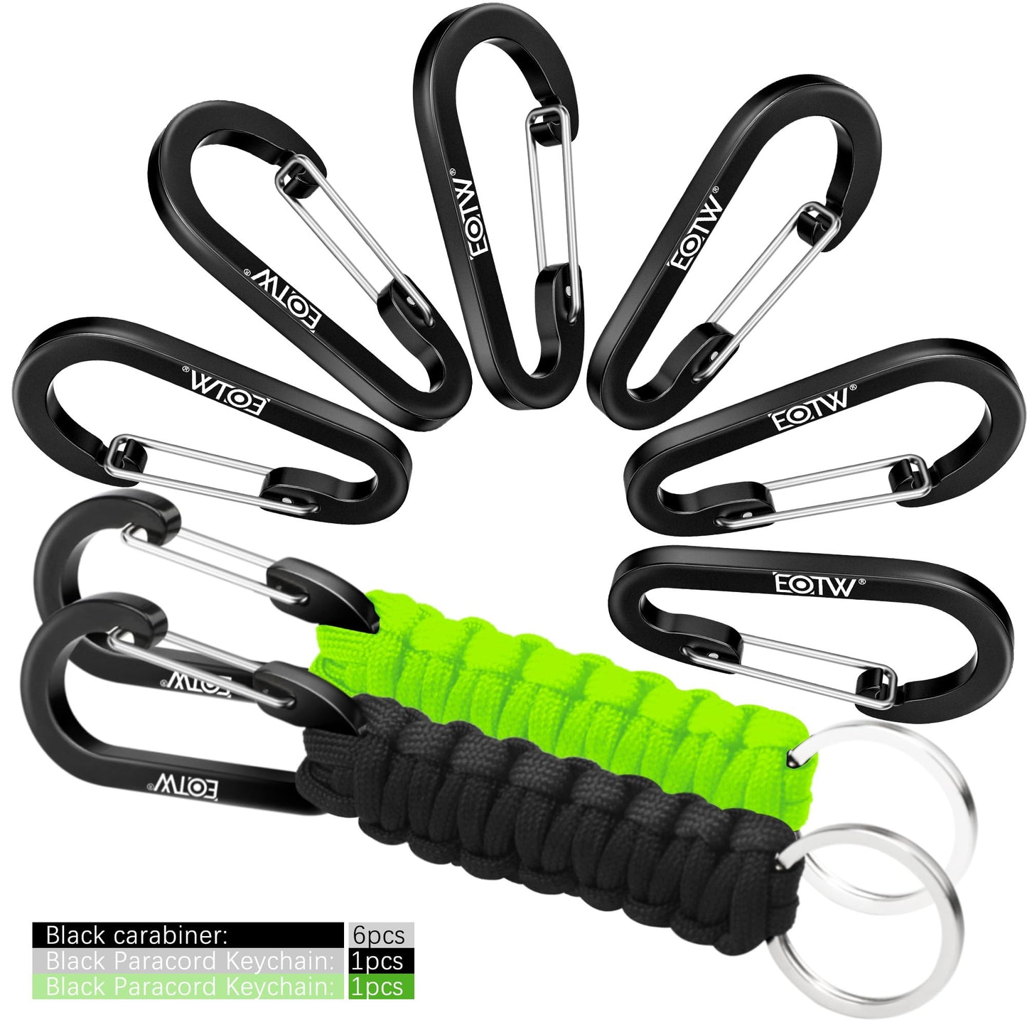 EOTW 6pcs Carabiner Clip and 2pcs Paracord Keychain Small Aluminum Caribeaner D Ring for Camping, Hiking, Fishing Or As A Key Organizer Black+Green