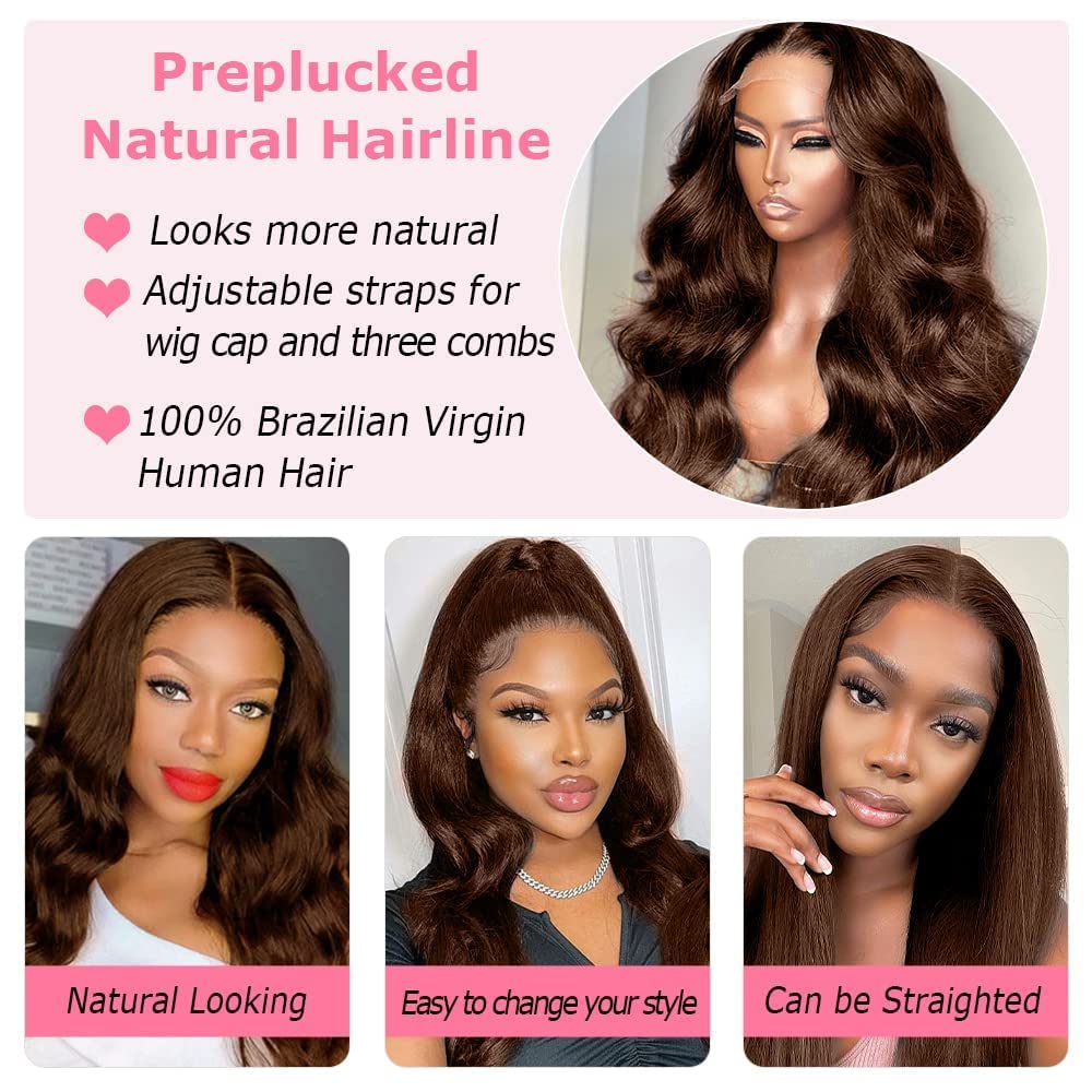 200 Density 13X6 Chocolate Brown Body Wave Lace Front Wigs Human Hair 13x6 HD Transparent Lace Front Wigs For Women Auburn Brown Colored with Baby Hair Glueless Wigs Human Hair Full And Thick 18Inch