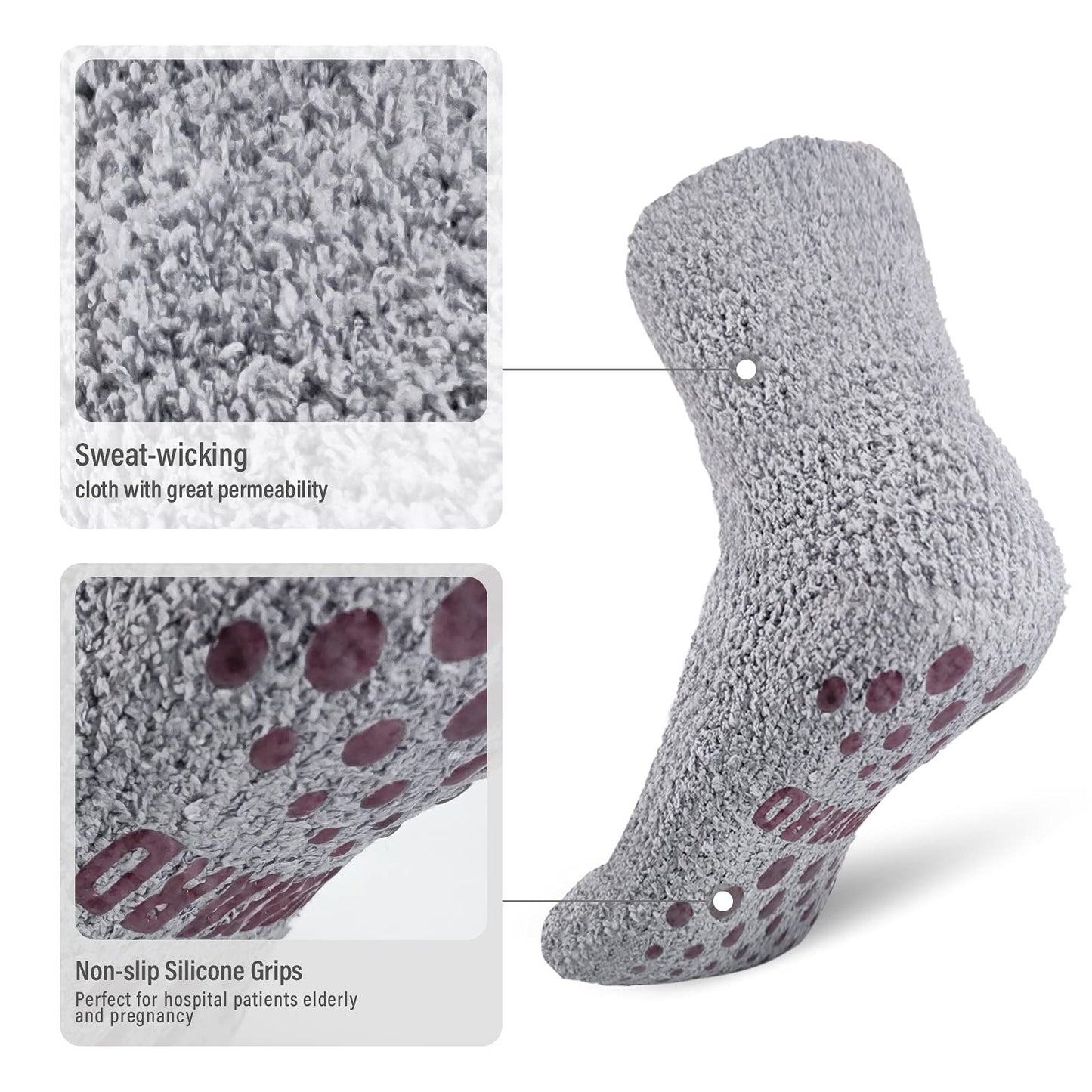 NOVAYARD 4 Pairs Non Slip Fuzzy Socks Hospital Slipper Crew Grip Cozy socks Men Women(Black+Grey,Medium)