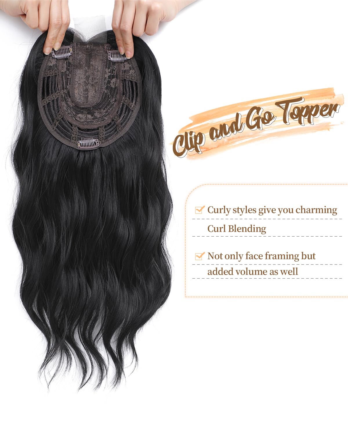 PANEWAY Hair Topper 16Inch Hair Toppers For Women Wavy Curly Natural Black Clip In Hair Topper Add Hair Volume Synthetic Wiglets Hair Pieces For Women