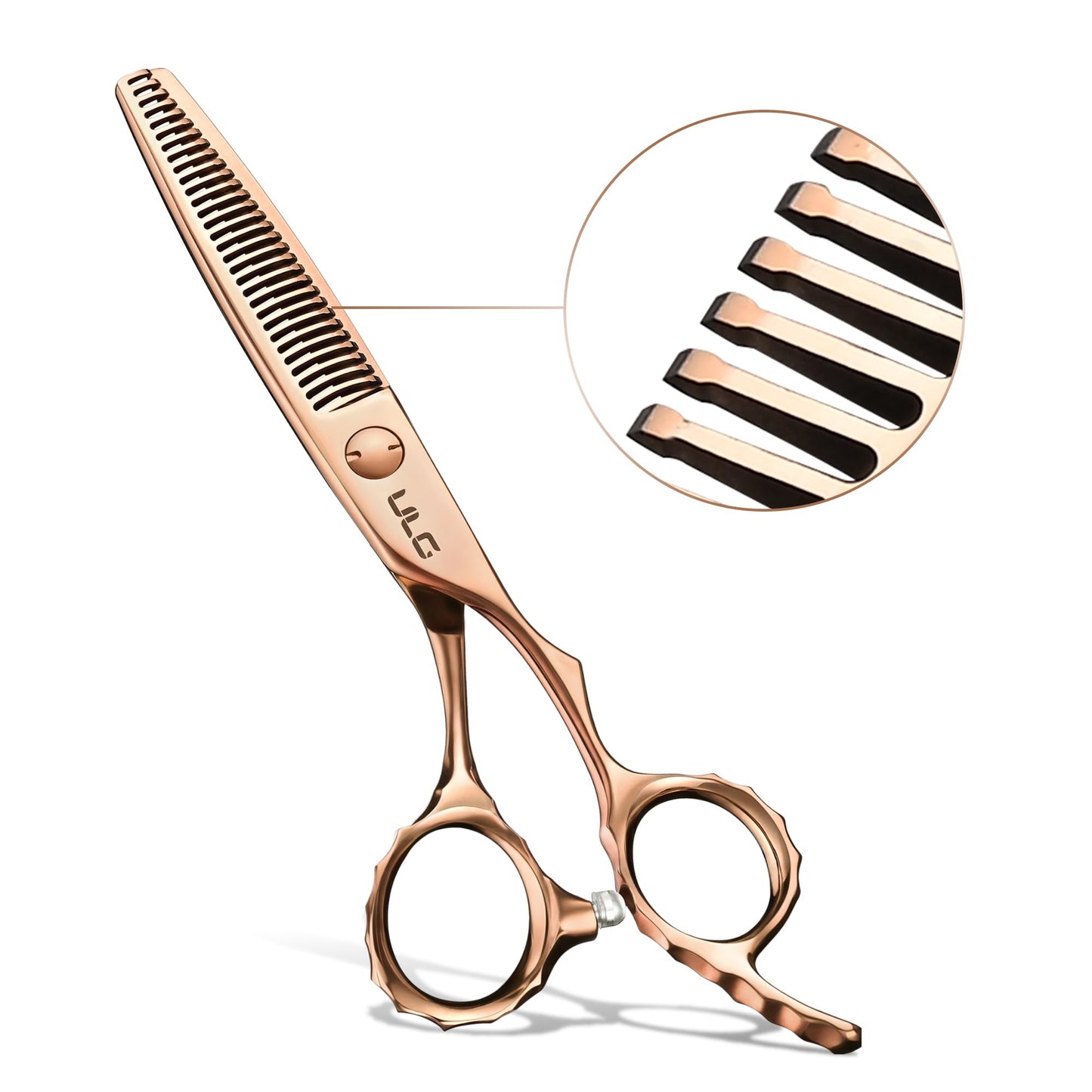 ULG Professional Seamless Hair Thinning Scissors Luxury 18K Rose Gold Coated 6.5" Barber Scissors 440C Japanese Stainless Steel Hand-Honed Convex Blades Offset Handles Tension Adjustable, Right-Handed