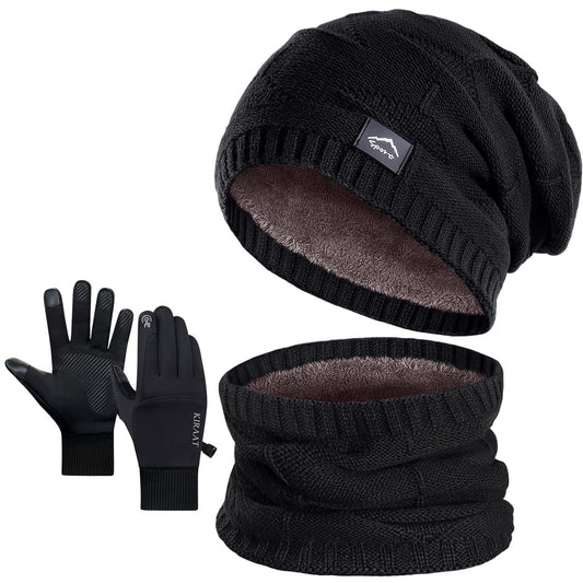 Winter Beanie Hat Scarf Touchscreen Glove Set for Men Women,Slouchy Knit Ski Cap Neck Warmer with Fleece Lined for Unisex (Black Beanie Scarf and polyester and spandex Black Glove)