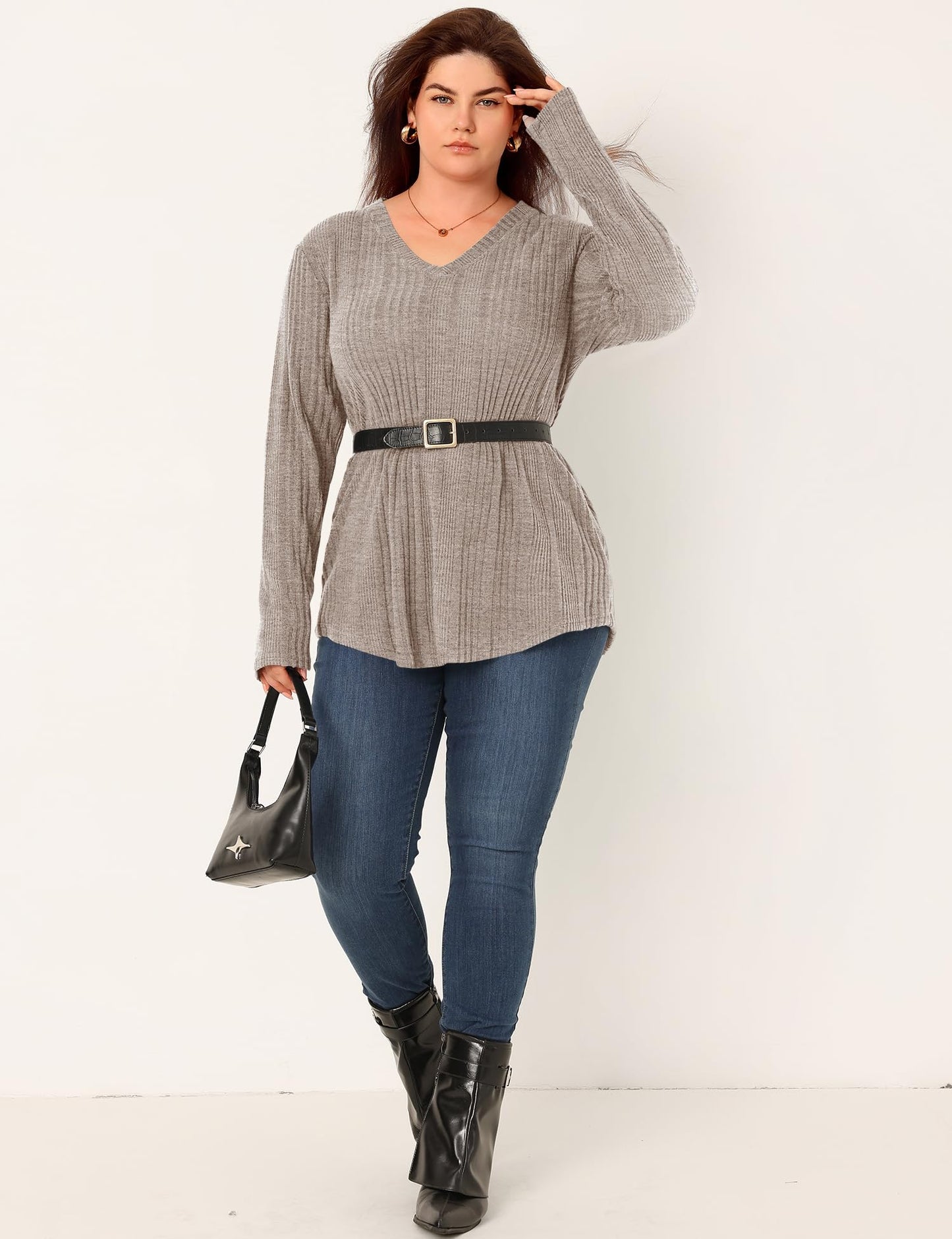 Rapbin Plus Size Long Sleeve Tops for Women Knitted V Neck Sweaters for Women Lightweight Sweatshirt Winter Khaki XXL