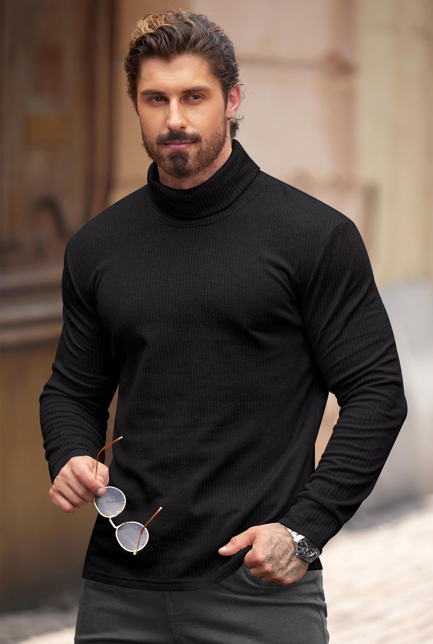 VOGSTART Men's Casual Shirts Knit Pullover 2024 Winter Long Sleeve Slim Fit Ribbed Sweater Black L