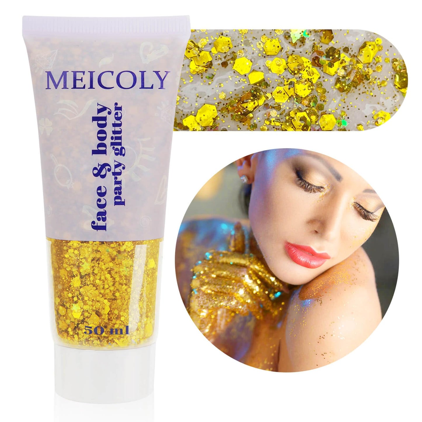 MEICOLY Gold Body Glitter,Yellow Face Glitter,Music Festival Accessories Outfits for Women,Mermaid Sequins Hair Glitter Makeup,Sparkle Face Body Glitter for Country Concert,Mardi Gras Accessories