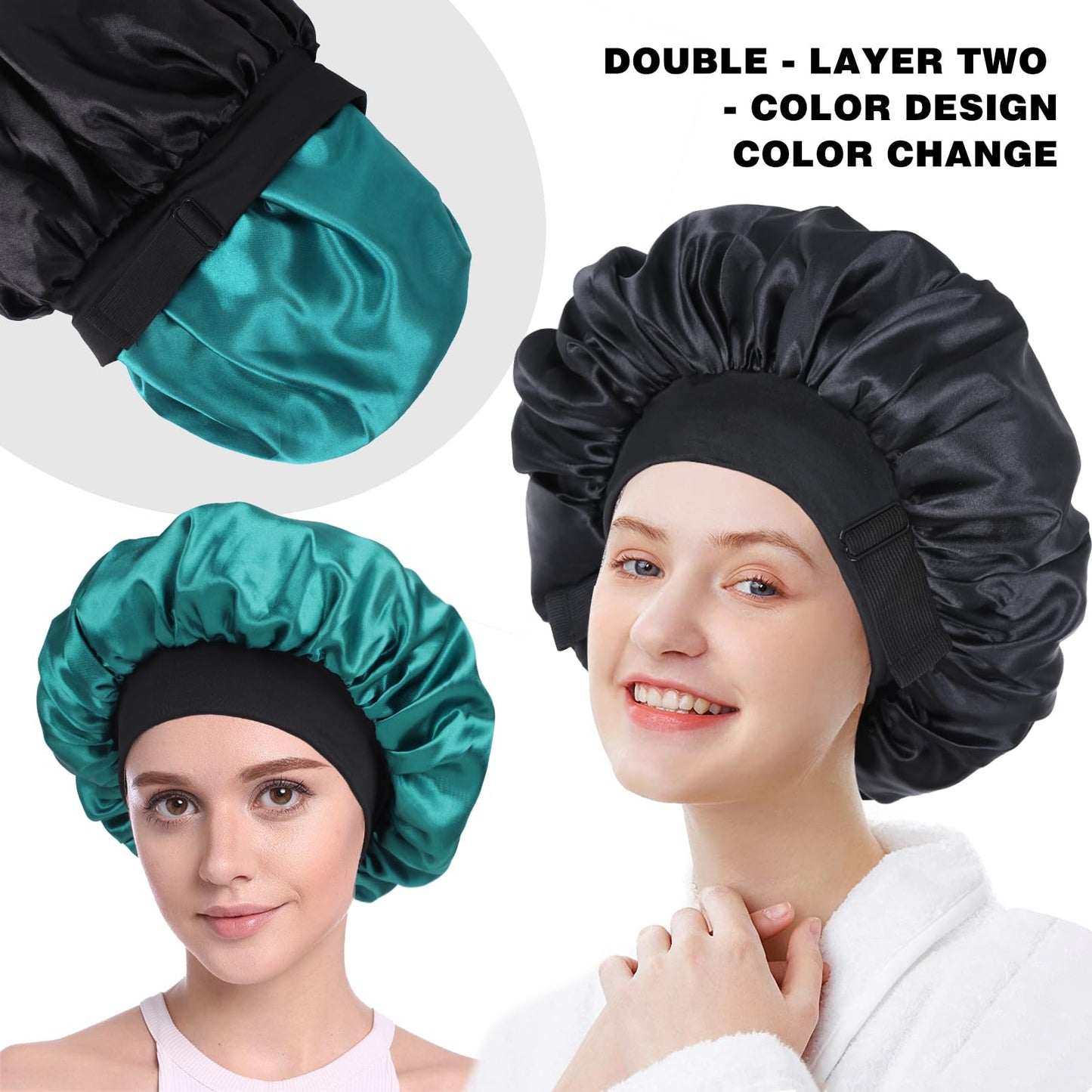 Silk Bonnet for Sleeping Double Layer Satin Bonnet Adjustable Bonnets for Black Women Sleep Cap Reversible Hair Bonnet for Curly Hair (Black and Teal)