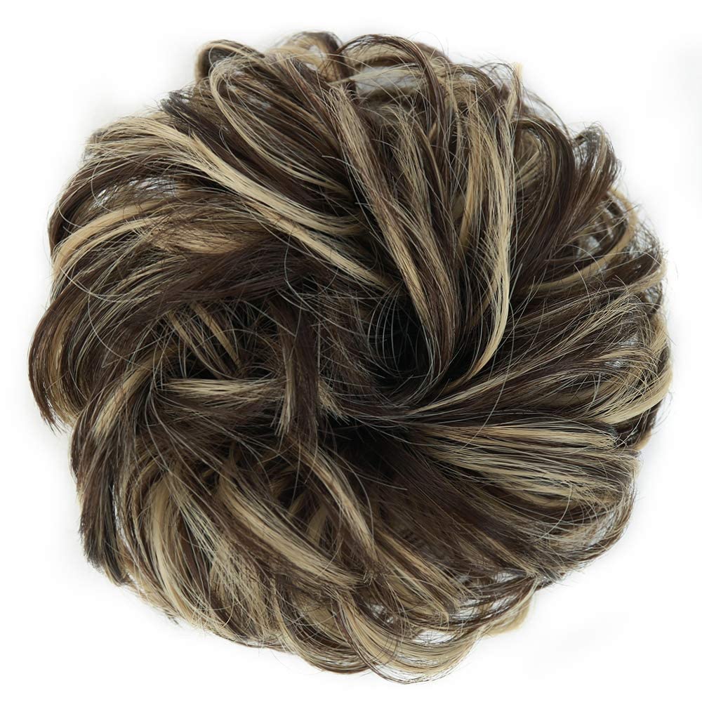 MORICA 1PCS Messy Hair Bun Hair Scrunchies Extension Curly Wavy Messy Bun Hair Synthetic Chignon Hairpieces for Women(Dark Brown & Ash Blonde)