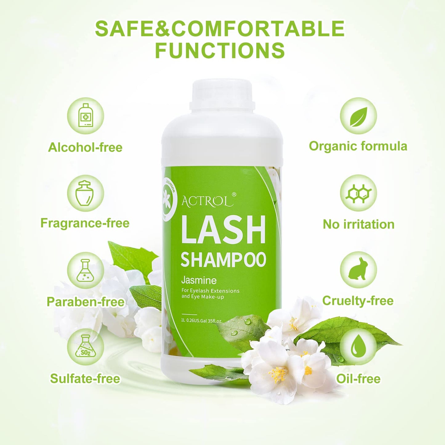 ACTROL Eyelash Extension Cleanser Jasmine 1L Natural Lash Extension Shampoo Professional Eyelid Foaming Cleanser Paraben & Sulfate Free Non-lrritating with Salon and Home Care