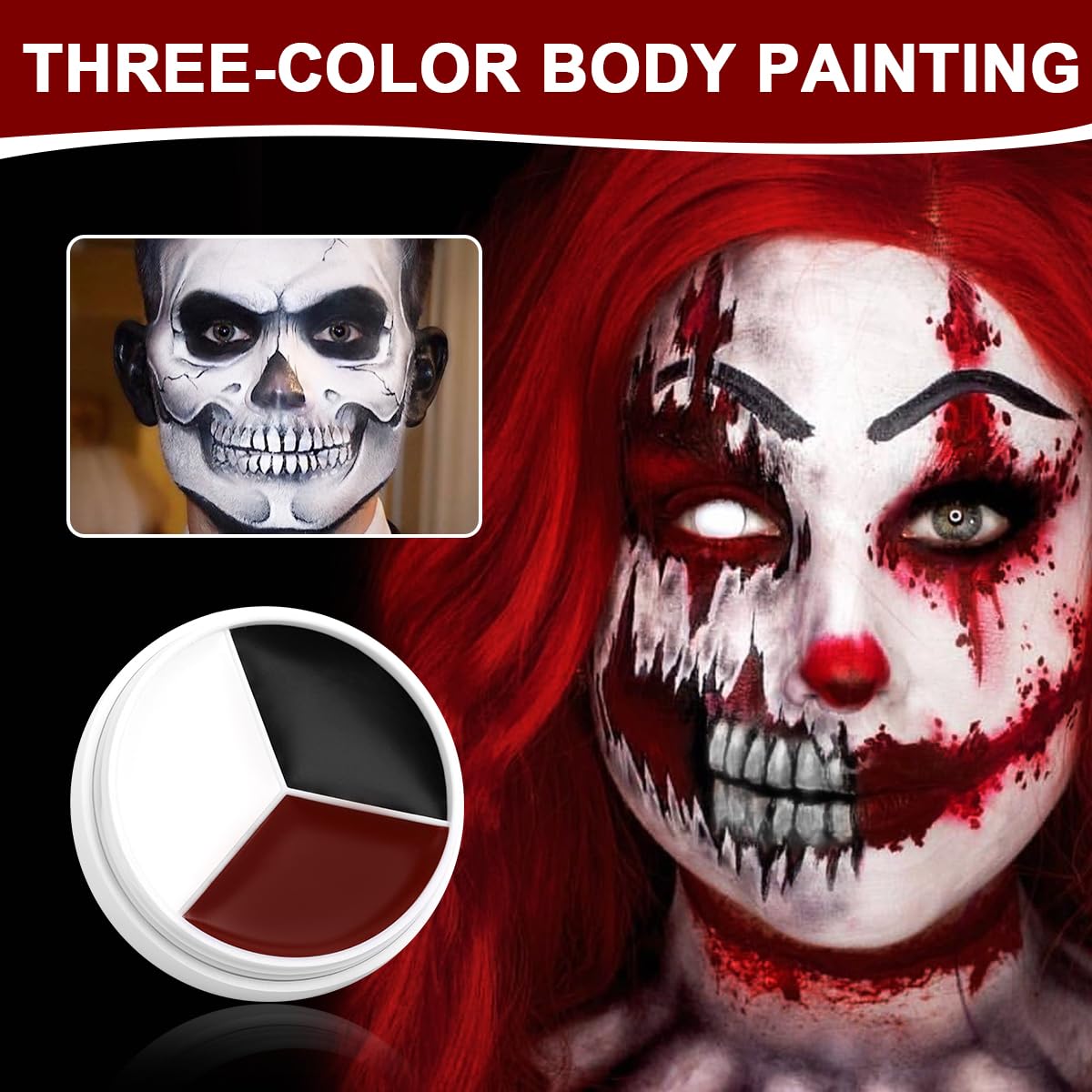 Black White Red Clown Face Paint Makeup, DE'LANCI Halloween Makeup Kit Professional White Black Body Paint, Waterproof Joker Sfx Pennywise Face Paint Makeup Zombie Vampire Skeleton Costume