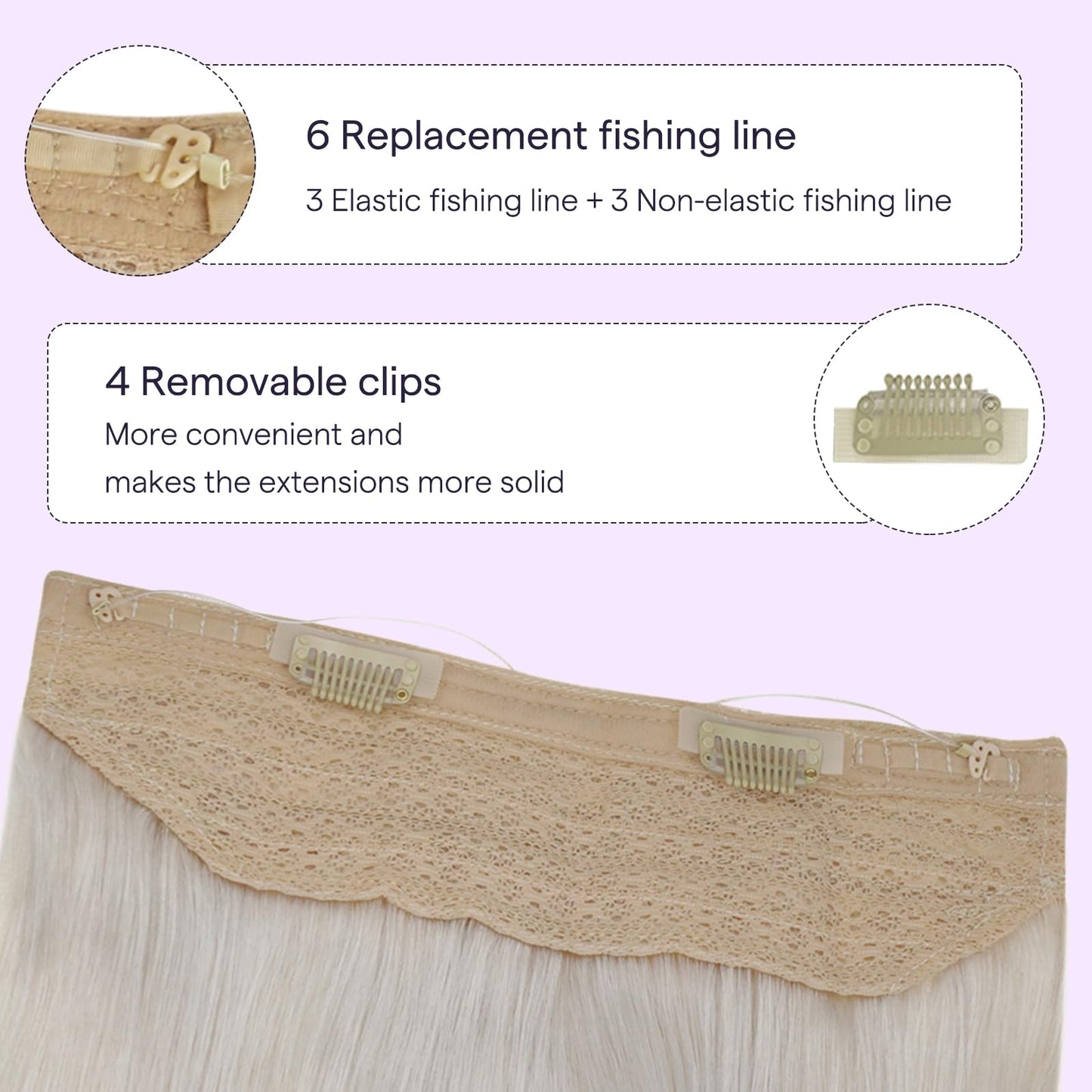 Fshine Invisible Wire Human Hair Extensions Off White Hidden Wire Hairpiece 16 Inch Adjustable Fishing Line Hair Extensions Clip Ins 100G