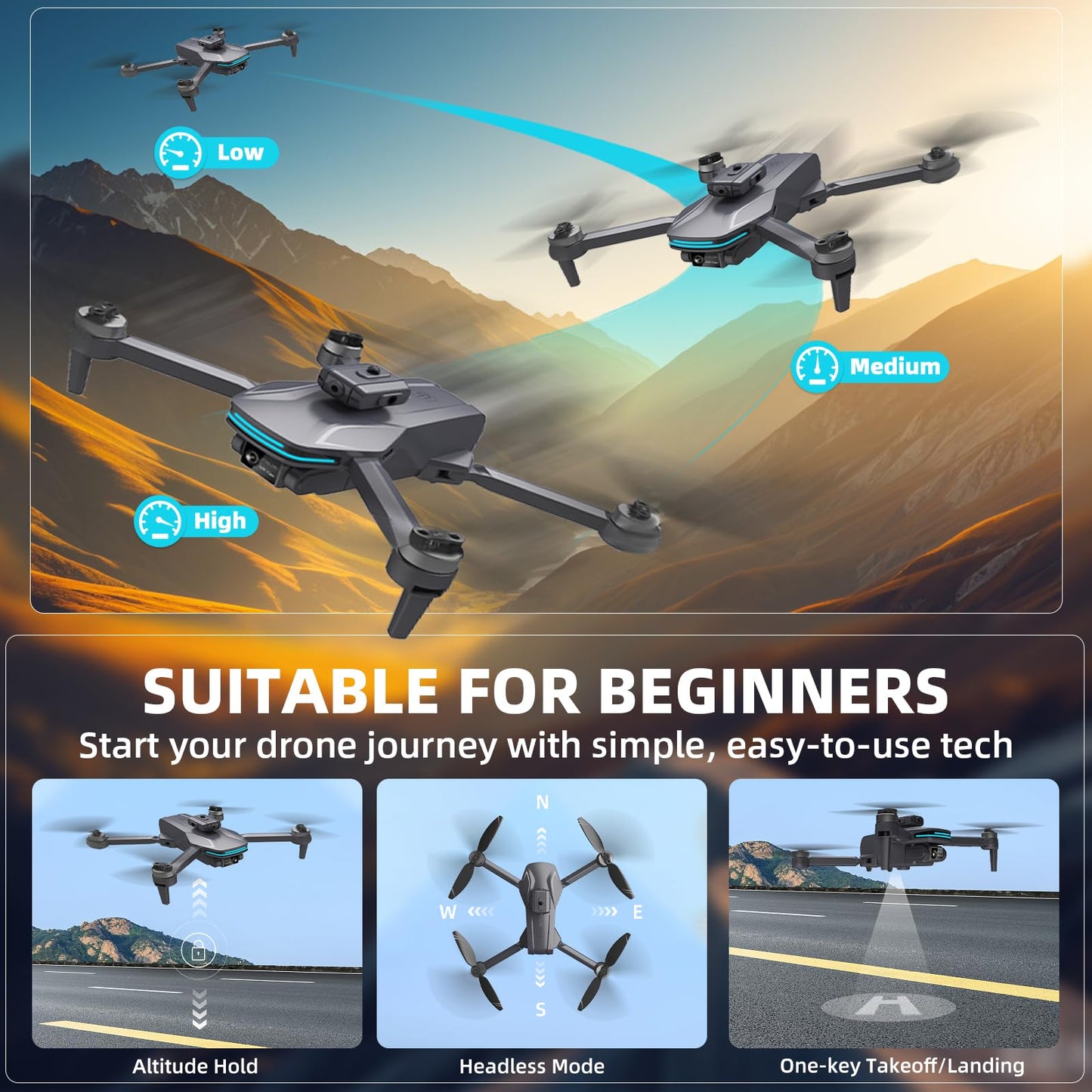 Foldable Drone with 4K Electrically Adjustable Dual Camera for Beginner, Brushless RC Quadcopter with Altitude Hold, Carring Case, Headless Mode, One Key Take Off/Land, Obstacle Avoidance