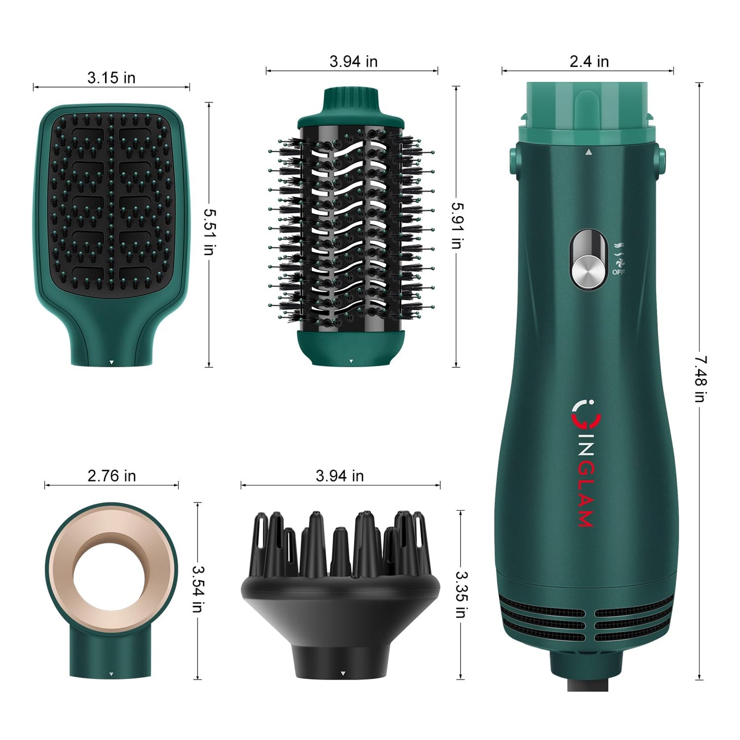 IG INGLAM Hair Dryer Brush, 4-in-1 Detachable Blow Dryer Brush, Ionic Diffuser Hair Dryer & Styler Volumizer with Oval Titanium Barrel, One-Step Hot Air Blowout Brush, Updated Push Switch, Dark Green