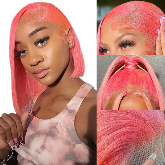 MUGOHK Pink Bob Wig Human Hair 14 Inch 13x4 Cotton Candy Pink Straight HD Lace Frontal Wig Human Hair Pre Plucked with Baby Hair Bubblegum Pink Lace Closure Human Hair Wig 150 Density for Women