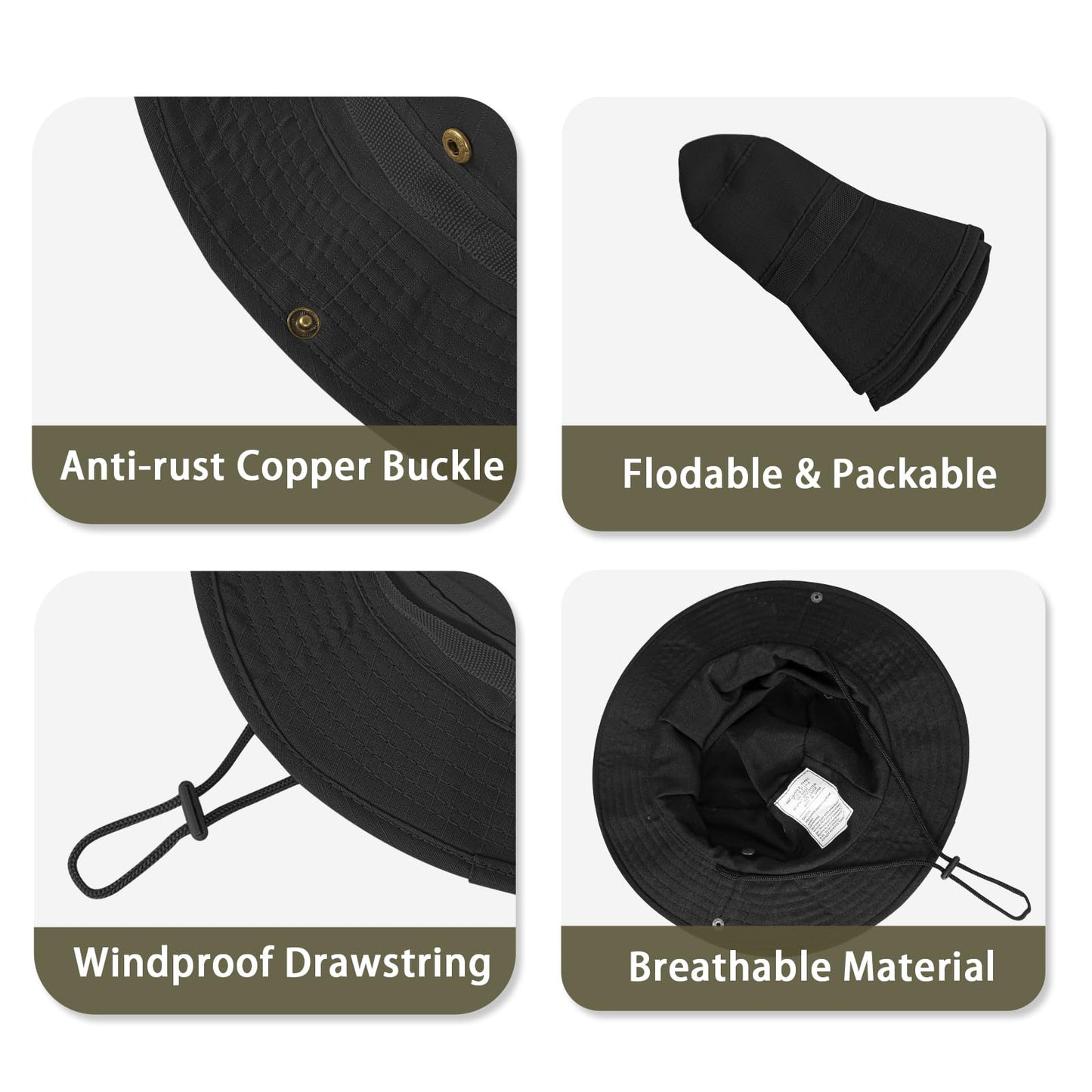 Sun Hats for Men Women Bucket Hat UPF 50+ UV Protection Boonie Hat for Safari Fishing Hiking Garden Beach Black