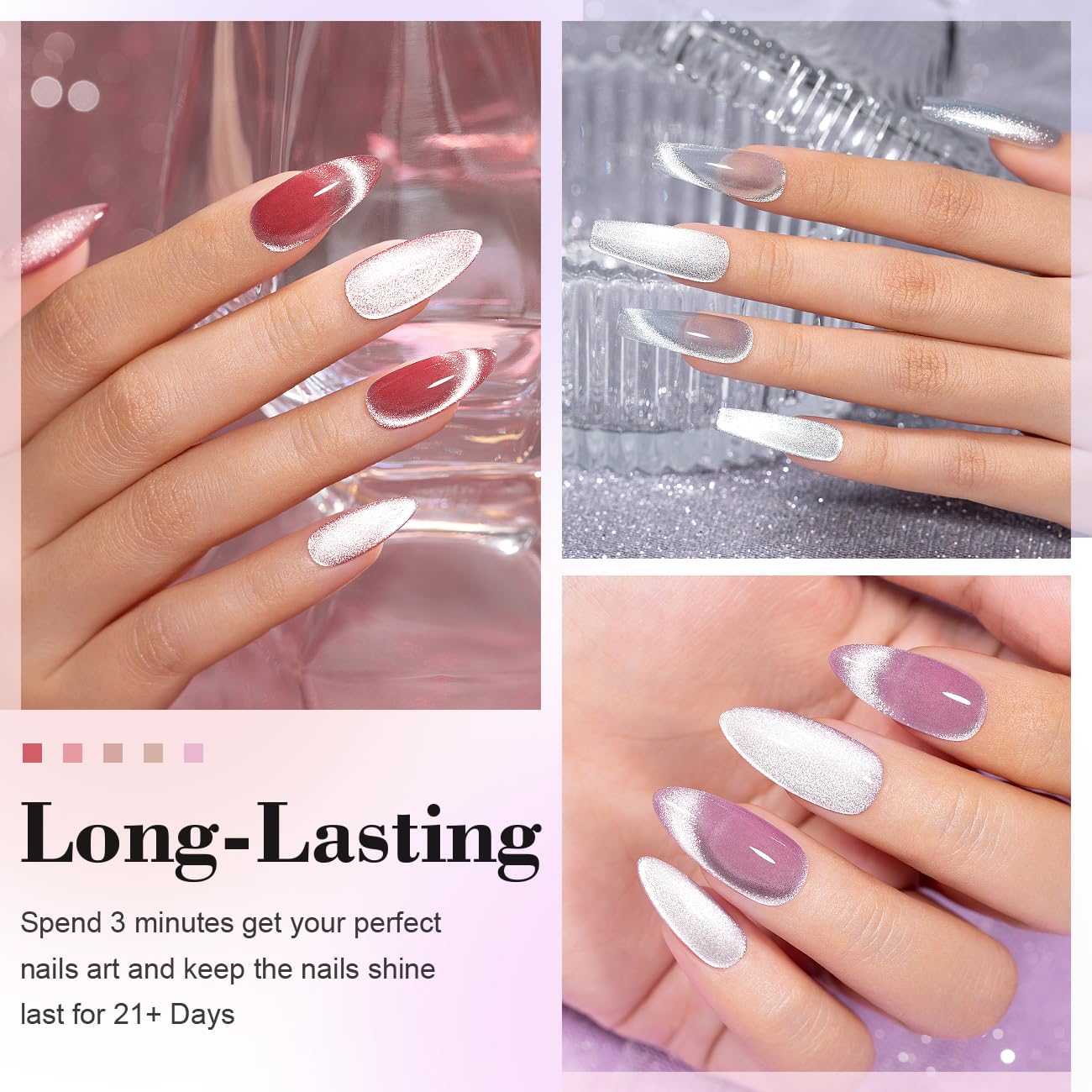 RARJSM Cat Eye Gel Nail Polish Set 6 Pcs Magnetic Sparkle Diamond Glitter Nude Pink Light Purple Red Silver Sheer Pink Velvet Ice Jelly Gel Polish with Magnet Stick UV LED Curing Requires Soak Off
