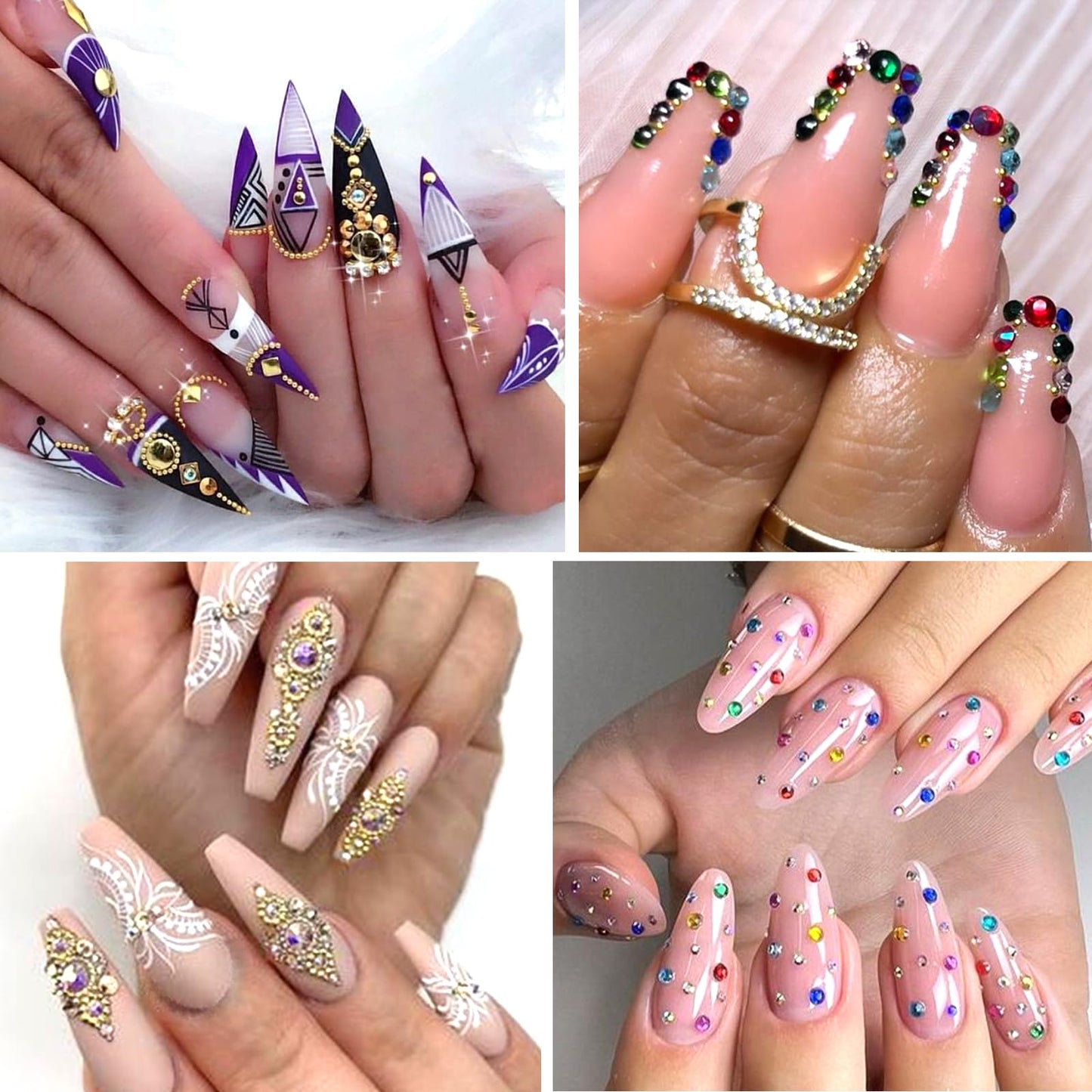 HNUIX Nail Charms Studs - 3D Multiple Colors, Flat Back Rhinestones, Caviar Beads, Round, Gold Silver, with Kit, for Nail Art
