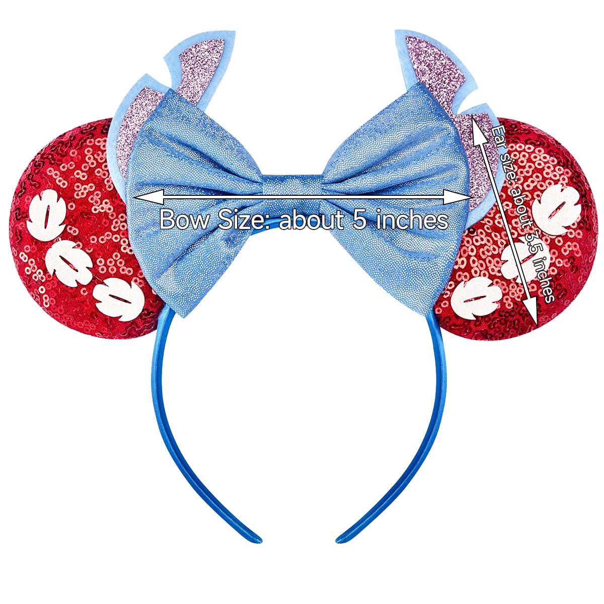 RAZKO Hairband, Stitch Red Minnie Ears Headband with Sequin Shiny Ears and Bow for Women Girls Hair Accessories, One Size Fits All, 16 Headbands Available