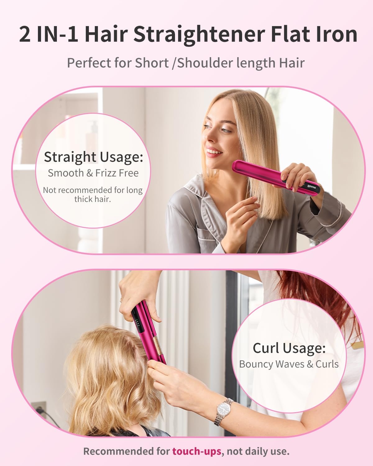Hoson Cordless Hair Straightener,Portable Mini Flat Iron Travel for Bangs,Short Hair, Rechargeable Curling Iron and Curler 2 in 1,Hot Pink,for Touch Ups