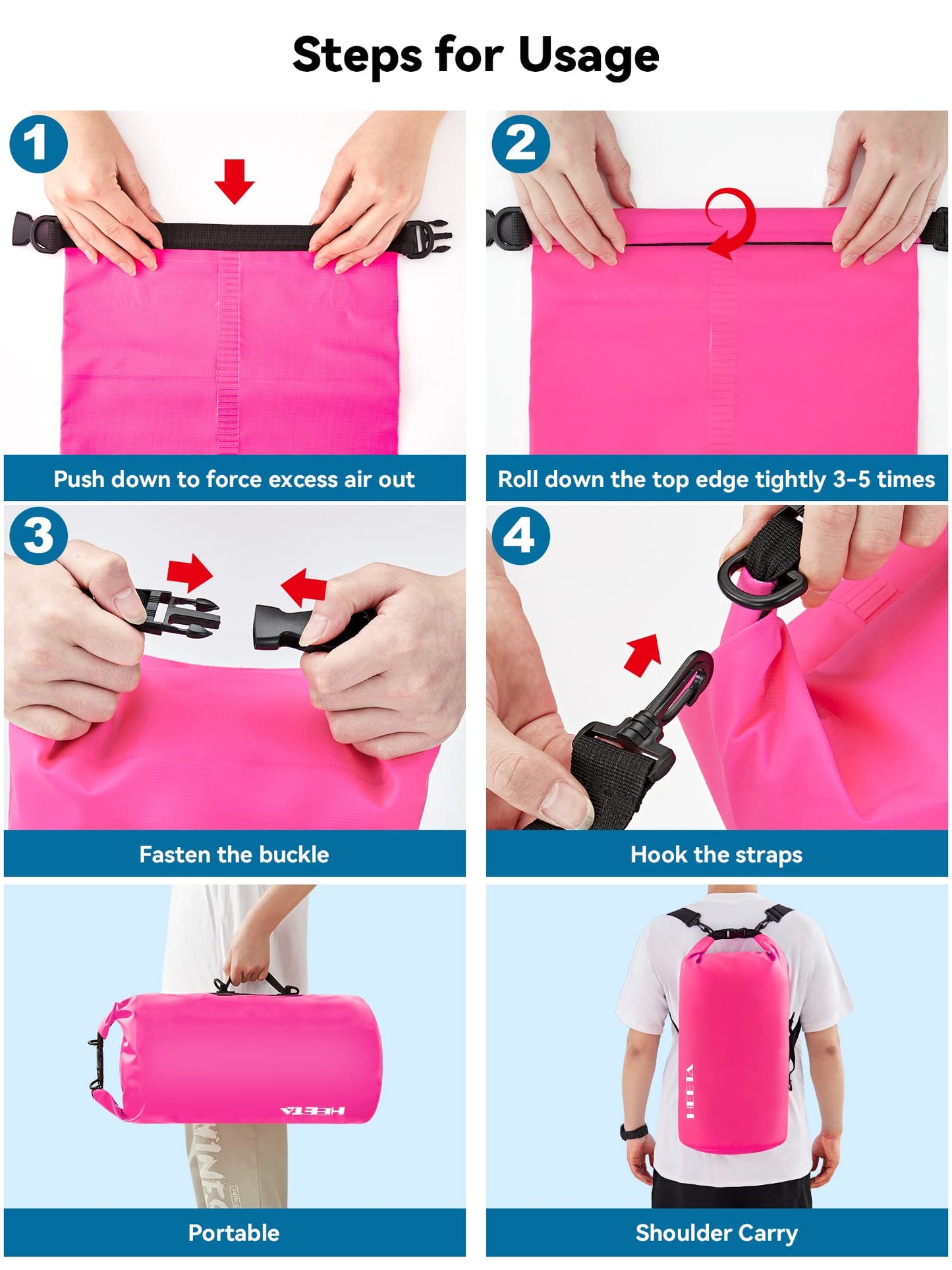 HEETA Waterproof Dry Bag for Women Men (Upgraded Version), Roll Top Lightweight Dry Storage Bag Backpack with Emergency Whistle for Travel, Swimming, Boating, Kayaking, Camping, Beach (Rose Red, 5L)