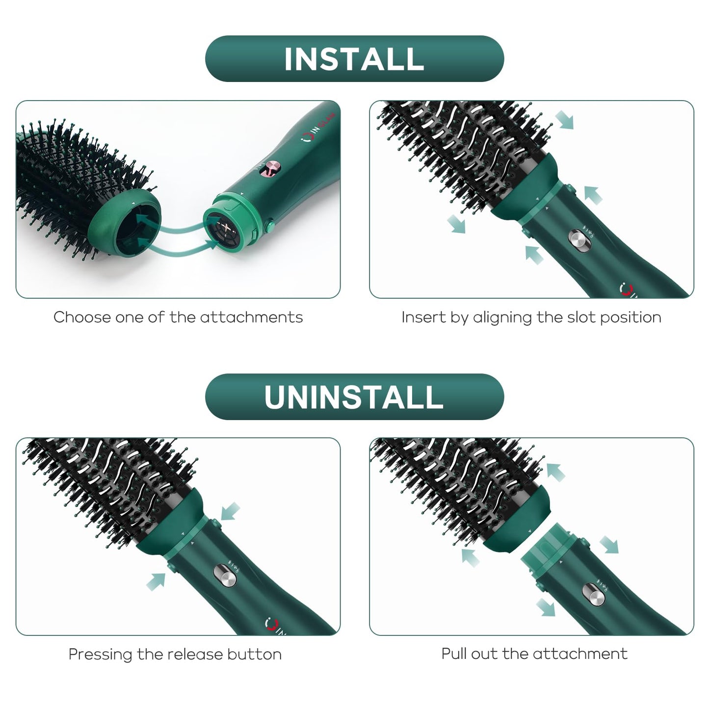IG INGLAM Hair Dryer Brush, 4-in-1 Detachable Blow Dryer Brush, Ionic Diffuser Hair Dryer & Styler Volumizer with Oval Titanium Barrel, One-Step Hot Air Blowout Brush, Updated Push Switch, Dark Green