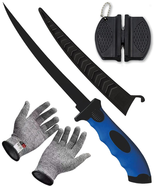 Fish Fillet Knife, 7 Inches Professional Fishing Fillet Knife Set Stainless Steel Blade in Corrosion Resistant Coating, with Sharpener and Cutting Resistant Gloves, for Fishing and Outdoor, Blue