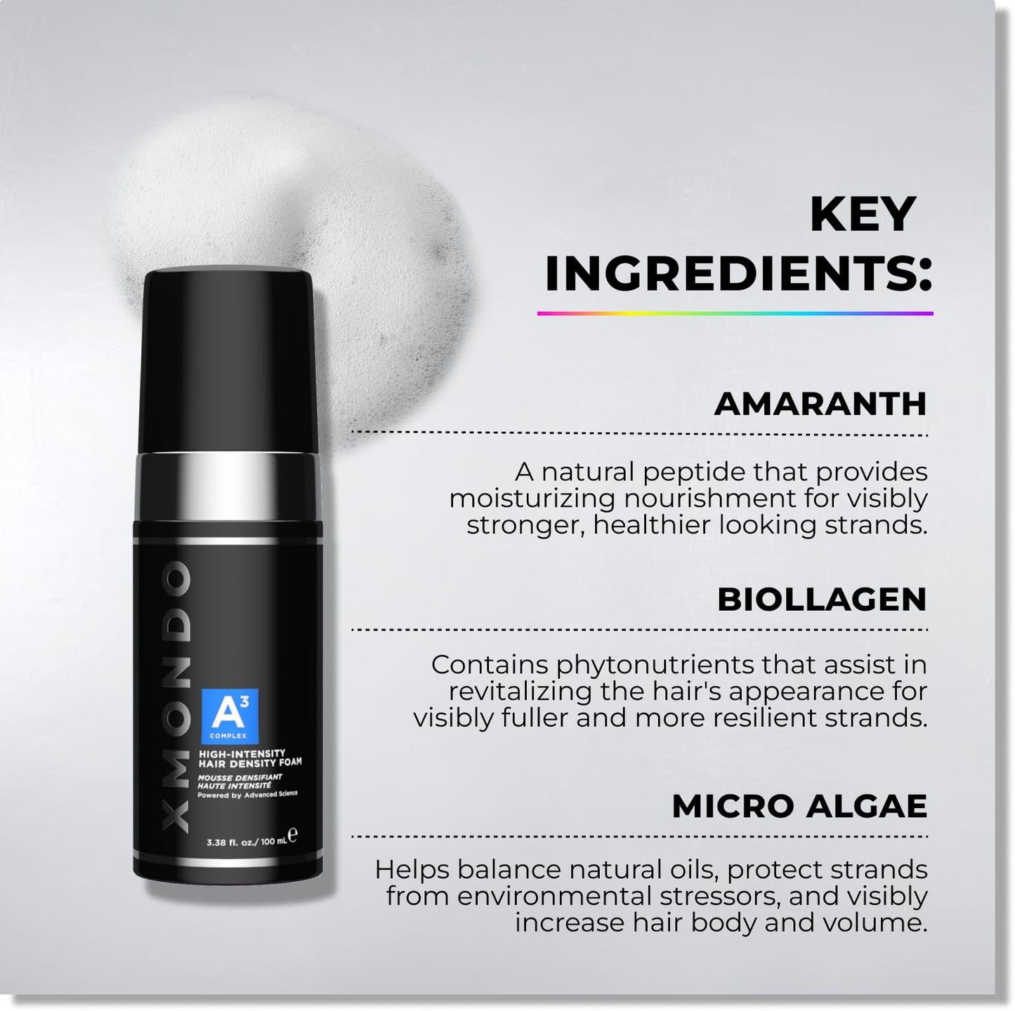 XMONDO Hair A3 Complex Scalp Foam for Hair Density | Vegan Formula with Biollagen & Amaranth, Fast-Acting Plant Actives For Amplified Volume & Visibly Fuller, Healthier-Looking Hair, 3.38 Fl Oz