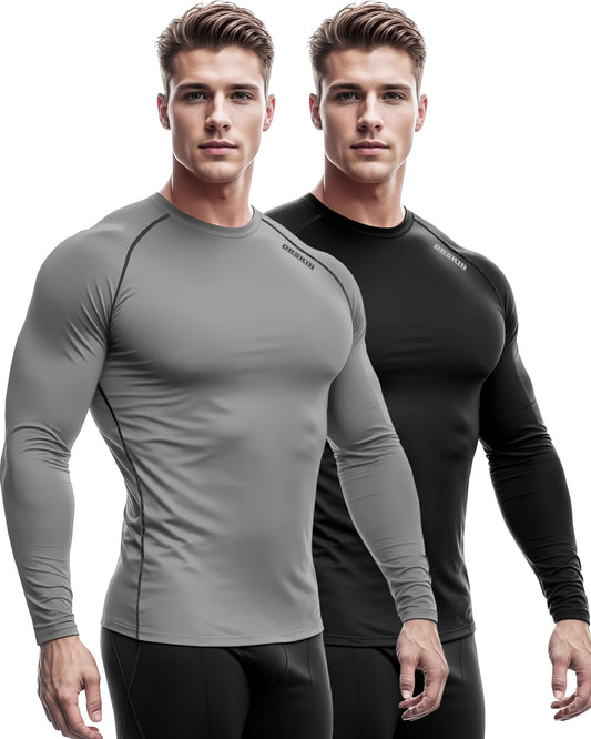 DRSKIN 2 Pack Men's Compression Shirt Top Long Sleeve Sports Baselayer T-Shirt Athletic Workout Running Active (Round (SBB01+SG-BL05), 2XL)