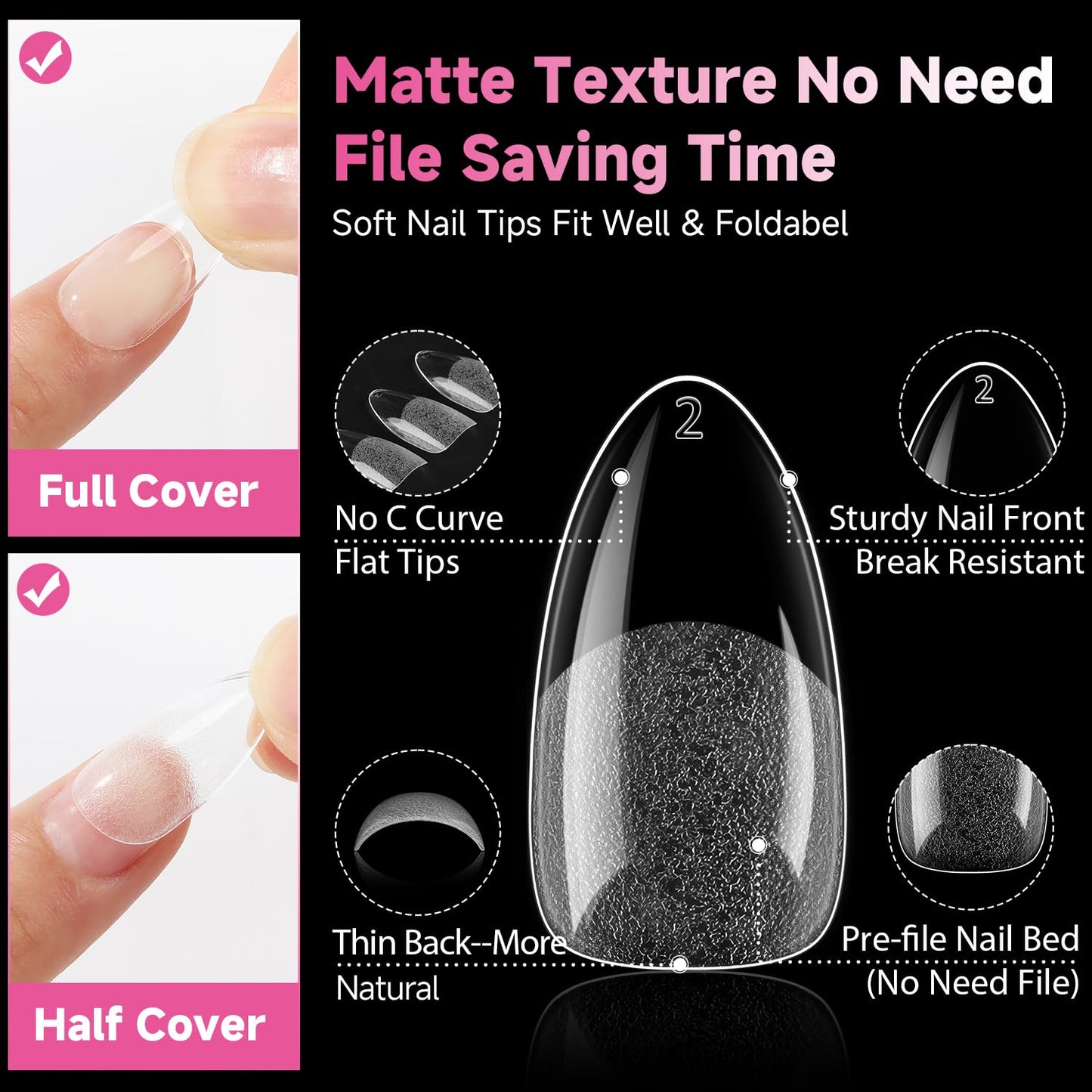 UNA GELLA Almond Nail Tips, 312pcs Medium Pointed Almond Fake Nails Tips Pre-shape Half Matte Full Cover Clear Acrylic Press On Nails No C Curve For Nail Extension Nail Art DIY Salon 12 Sizes