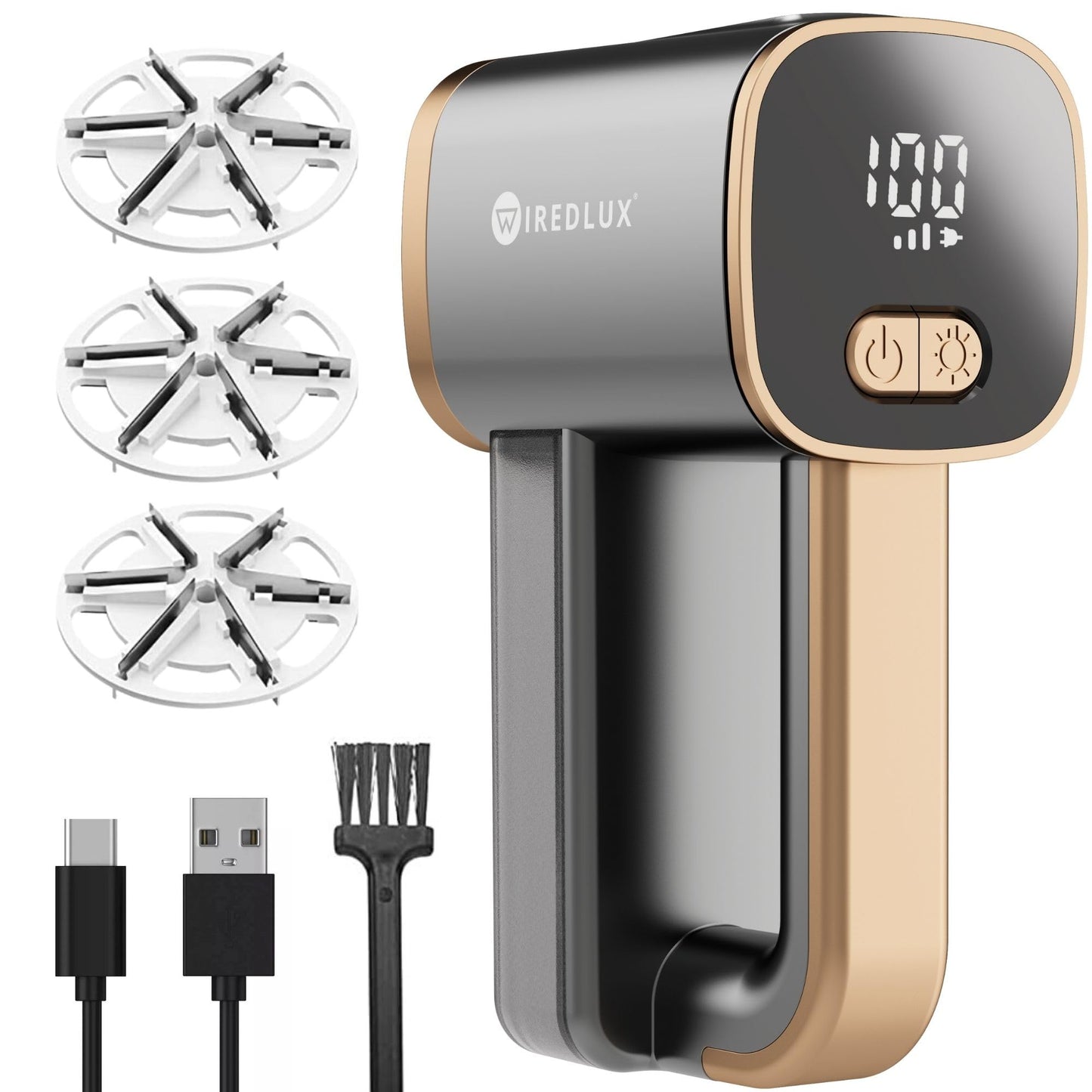 WiredLux Electric Lint Remover - Rechargeable Fabric Shaver for Clothes & Couch - Adjustable 3-Speed, 6-Leaf Blade, LED Light, USB Charging - Depiller with Dual Protection (Graphite Grey/Copper)