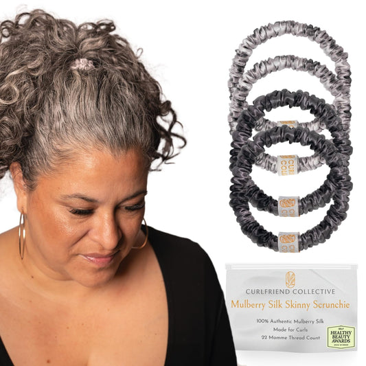 Authentic Mulberry Silk Skinny Hair Match Scrunchies for Women, Anti Breakage Hair Ties for Curly Thick & Thin Hair, No Dent, No Pull, 100% Silk for Buns, Sleep & Ponytail, Silver/Deep Grey (4 Pack)