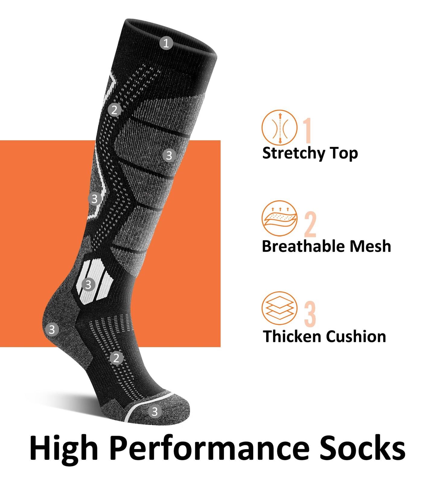 YESWEL Merino Wool Ski Socks For Men & Women, Thermal Warm Winter Socks For Snowboard, Skiing, Over The Calf, 2/3 Pairs (Medium, Black)