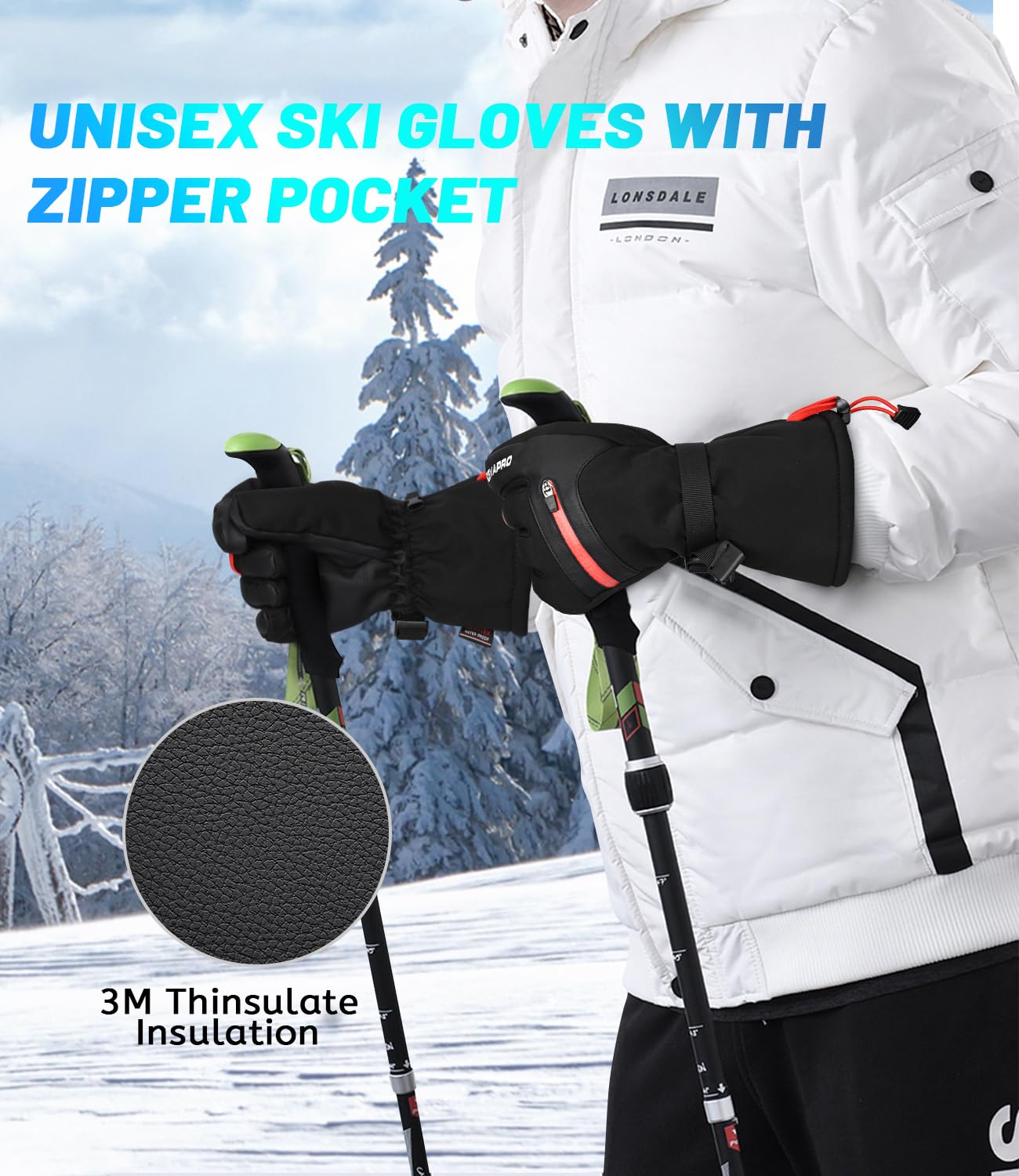 Cevapro Winter Gloves Ski Gloves for Men Women, Snow Thermal Gloves Waterproof Insulated Gloves Windproof Snowboard Gloves for Snow Skiing Snowboarding in Cold Weather