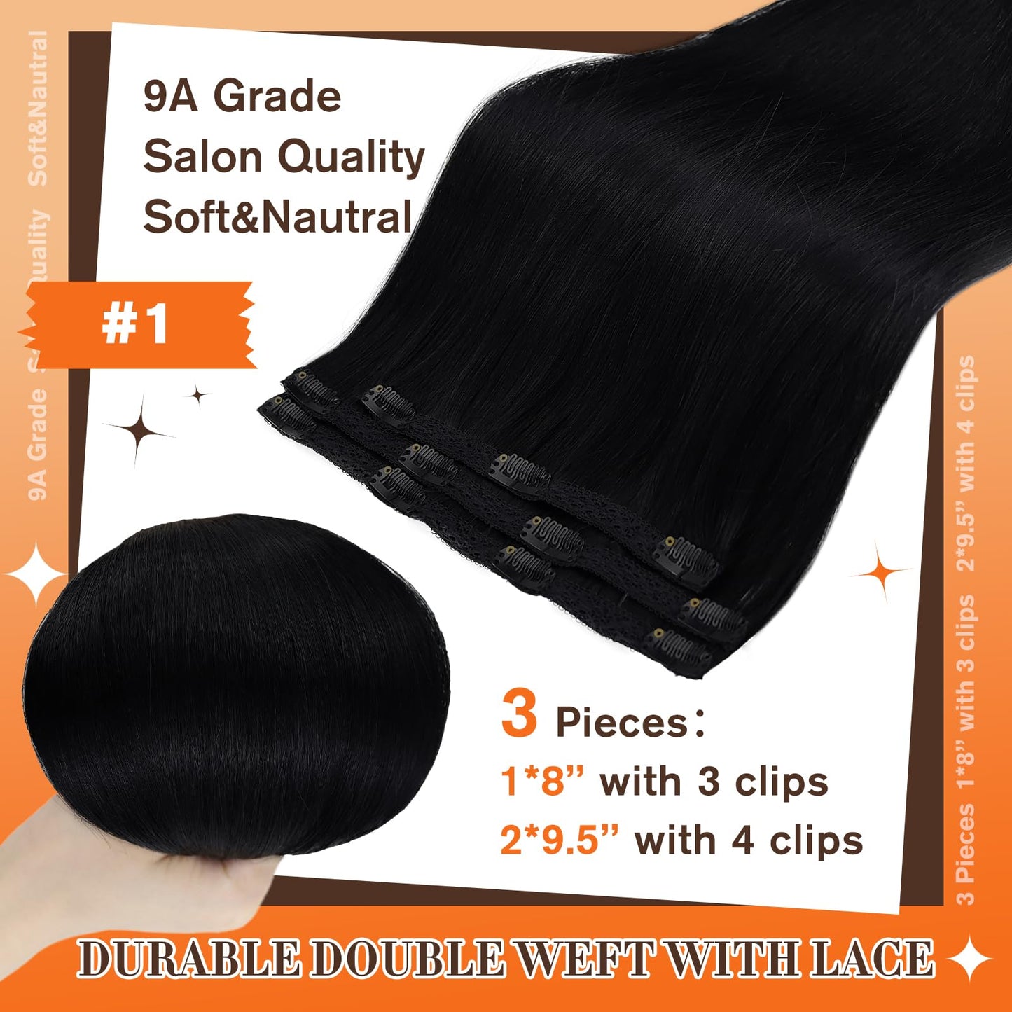 Full Shine Clip in Hair Extensions Jet Black Human Hair 16Inch Human Hair Clip in Extensions Double Weft Invisible And Comfortable for Thin Hair Lace Weft Straight Remy Hair Extensions 3Pcs 60Grams