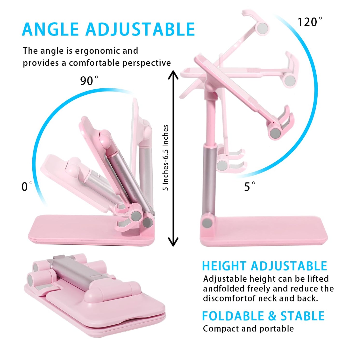 HZZADZXW Cell Phone Stand, Angle Height Adjustable Cell Phone Holder for Desk, Fully Foldable with Silicone Pad, Compatible with iPhone and All Mobile Phones Tablet, Sturdy Weighted Base (Pink)
