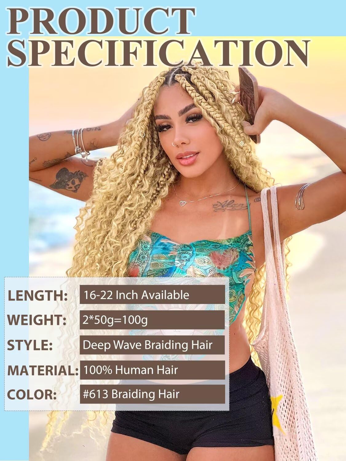 613 Blonde Braiding Hair 100g 16 Inch Deep Water Wave Bulk Human Hair for Braiding No Weft Bundle Brazilian Virgin Curly Human Hair Extensions for Boho Braids Wet and Wavy Human Braiding Hair