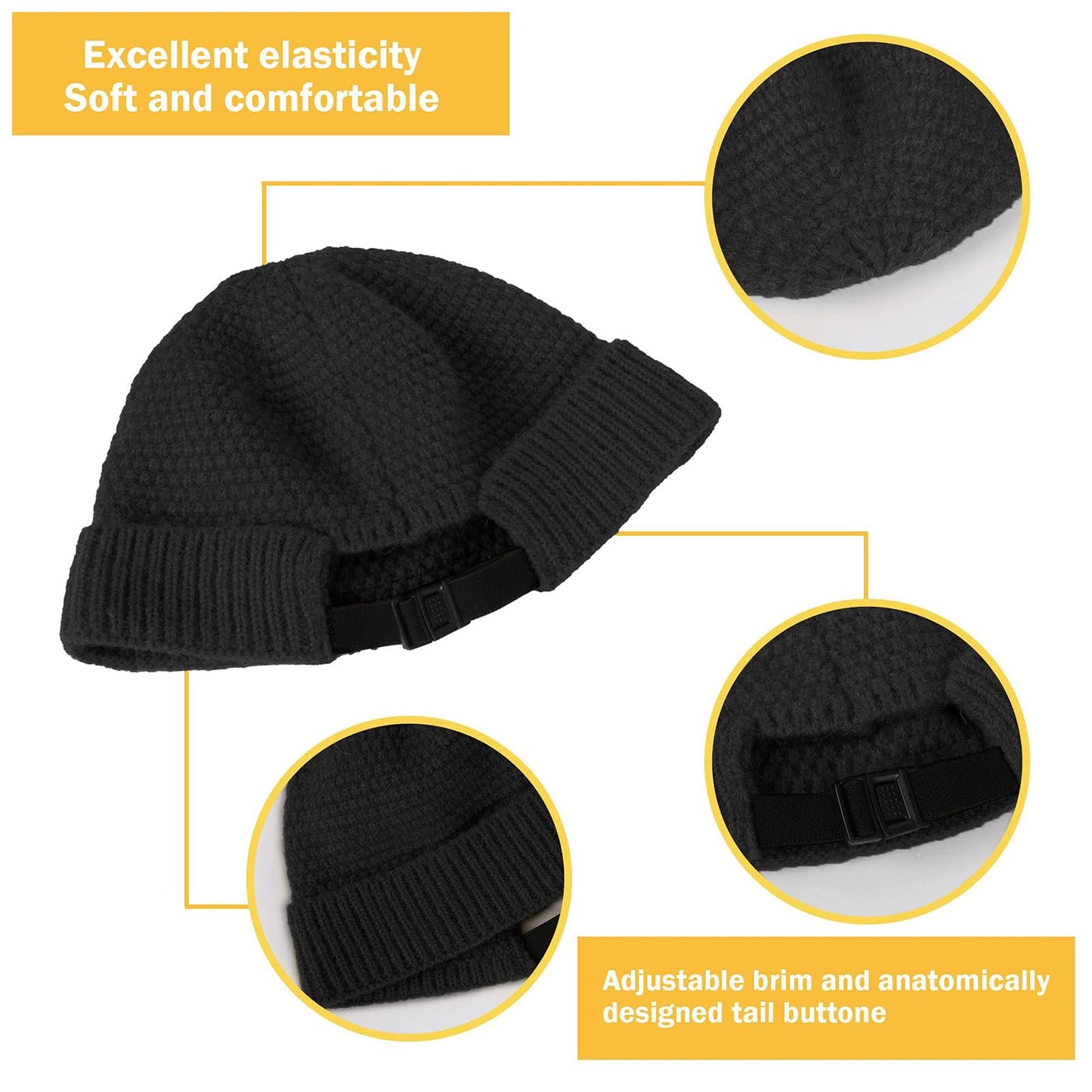 Mens Brimless Hats Docker Beanie Skull Caps Unisex Winter Warm Beanie Adjustable Leather Buckle Street (A~Black)