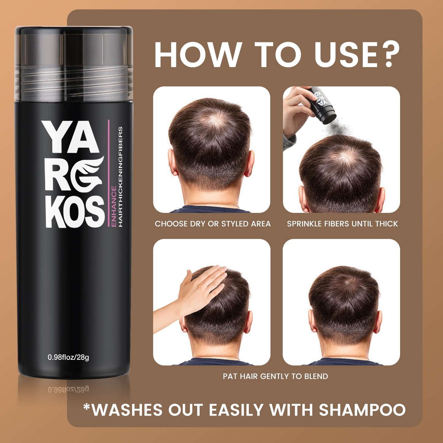 Yargkos Hair Fibers for Thinning Hair or Fill In Fine, Hair Building Fibers (28g) for Women & Men, Hair Powder for Instantly Thicker, Fuller Looking - DARK BROWN