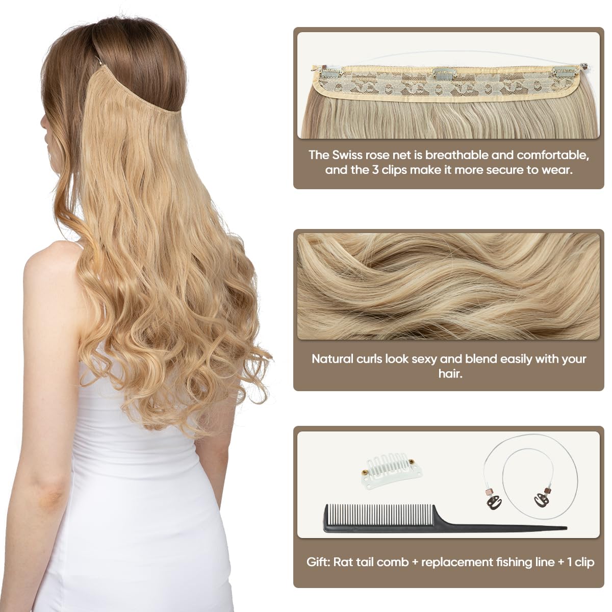 SARLA Invisible Wire Hair Extensions with 3 Clips Short Synthetic Wavy Curly Hairpiece Adjustable Transparent Headband for Women 14 Inch Beach Blonde