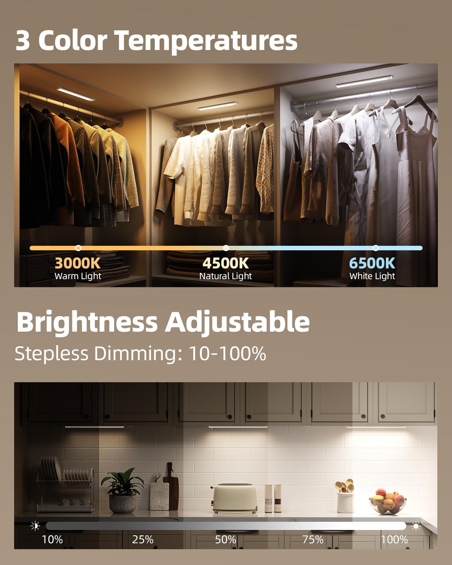 AMETHEUS 6-Pack Under Cabinet Lighting Wireless, LED Motion Sensor Light Indoor, Rechargeable Closet Lights Battery Operated, Dimmable & 3 Color Temps, Under Counter Lights for Kitchen, Stairs (8inch)