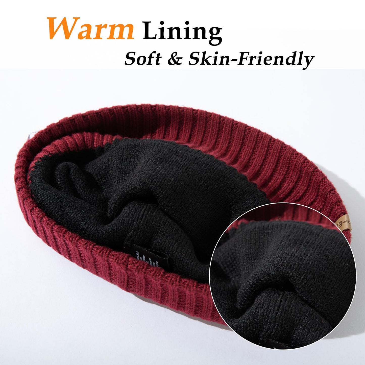 TOP-EX M/L/XL Unisex 50% Merino Wool Skull Cap Warm Winter Beanie Hats Double Layer Knit Hat with Reflective Strips Cold Weather Hat Red