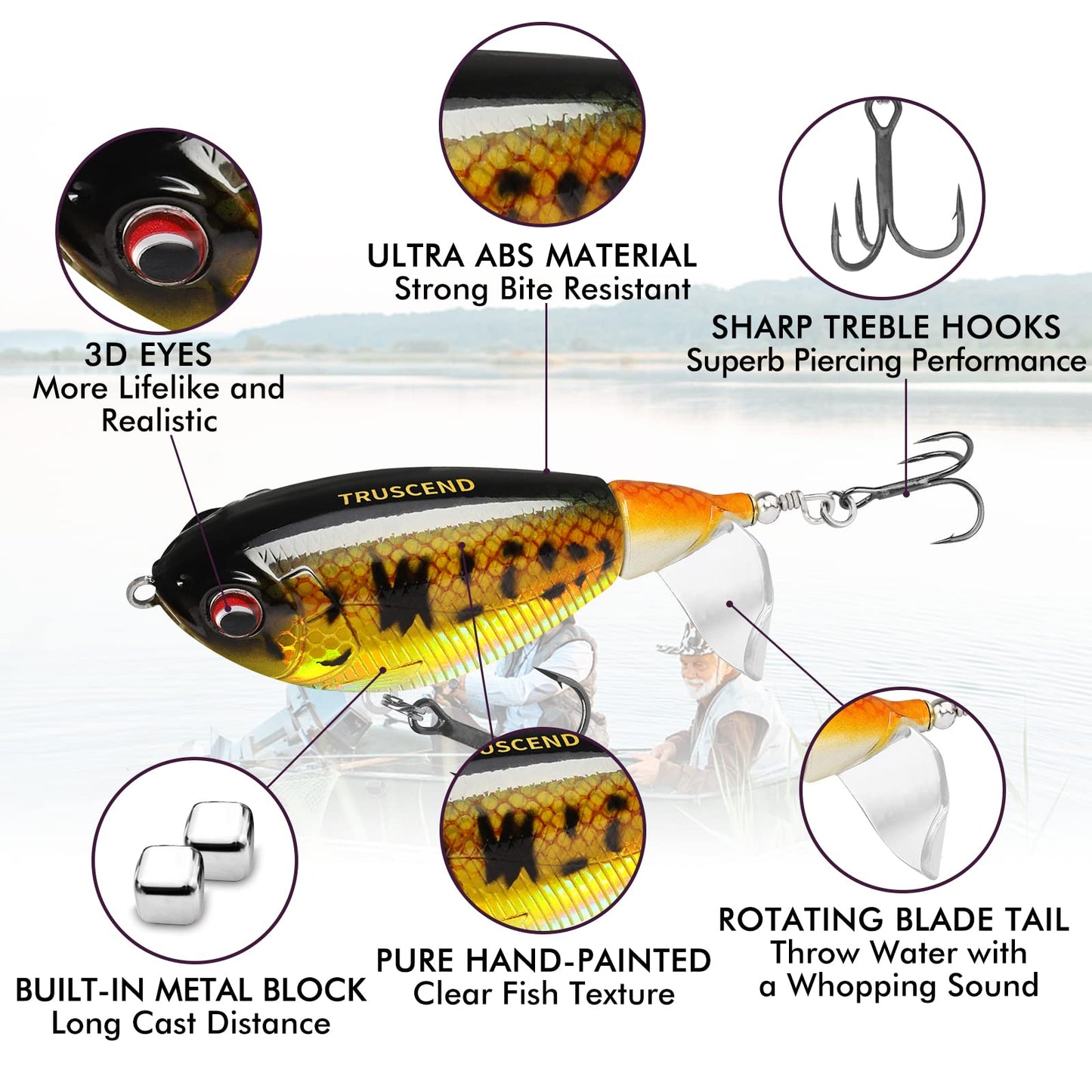 TRUSCEND Fishing Lures for Bass Trout Double Floating Rotating Tail Whopper Swimbaits Bass Lures Freshwater Saltwater Bass Fishing Plopper Lures Kit Lifelike Teasers Fishing Gifts for Men