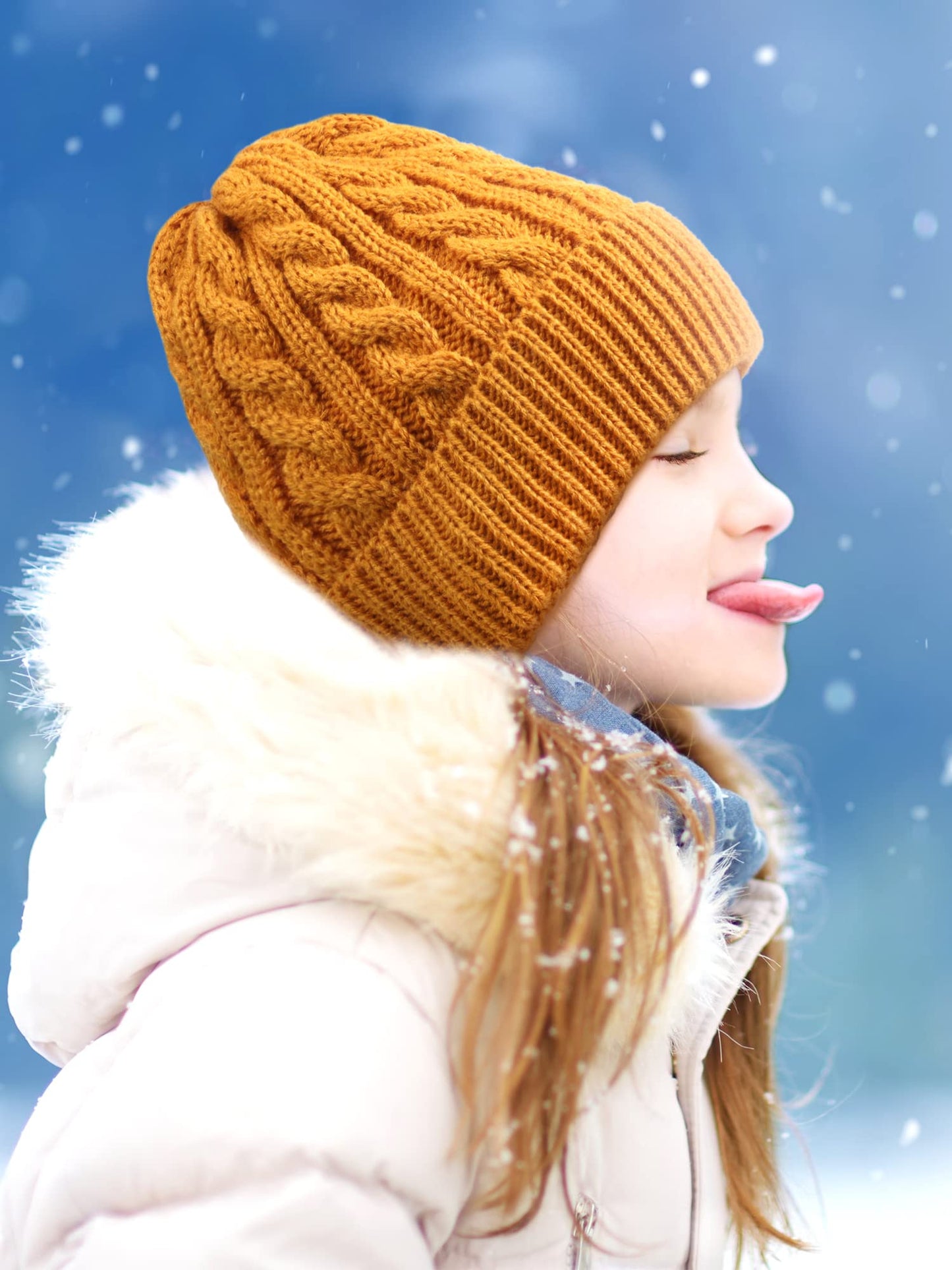 3 Pieces Kids Satin Lined Knit Beanies Winter Hat Child Warm Ski Skull Caps for Girls Boys Baby Toddlers 3-12 Years (Black, Beige, Ginger,Simple Style)