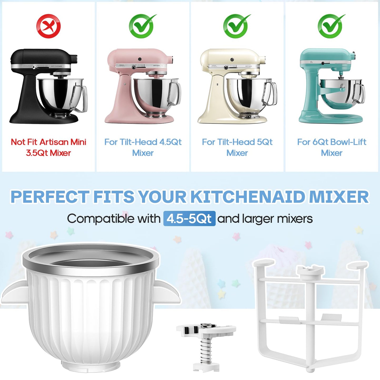 GVODE Ice Cream Maker Attachment for KitchenAid - Upgraded Leak-Proof Design, 2 Quart Bowl Compatible with 4.5QT to 7QT Models,Homemade Sorbet Gelato,Yogurt & Ice Cream attachment for Kitchen aid