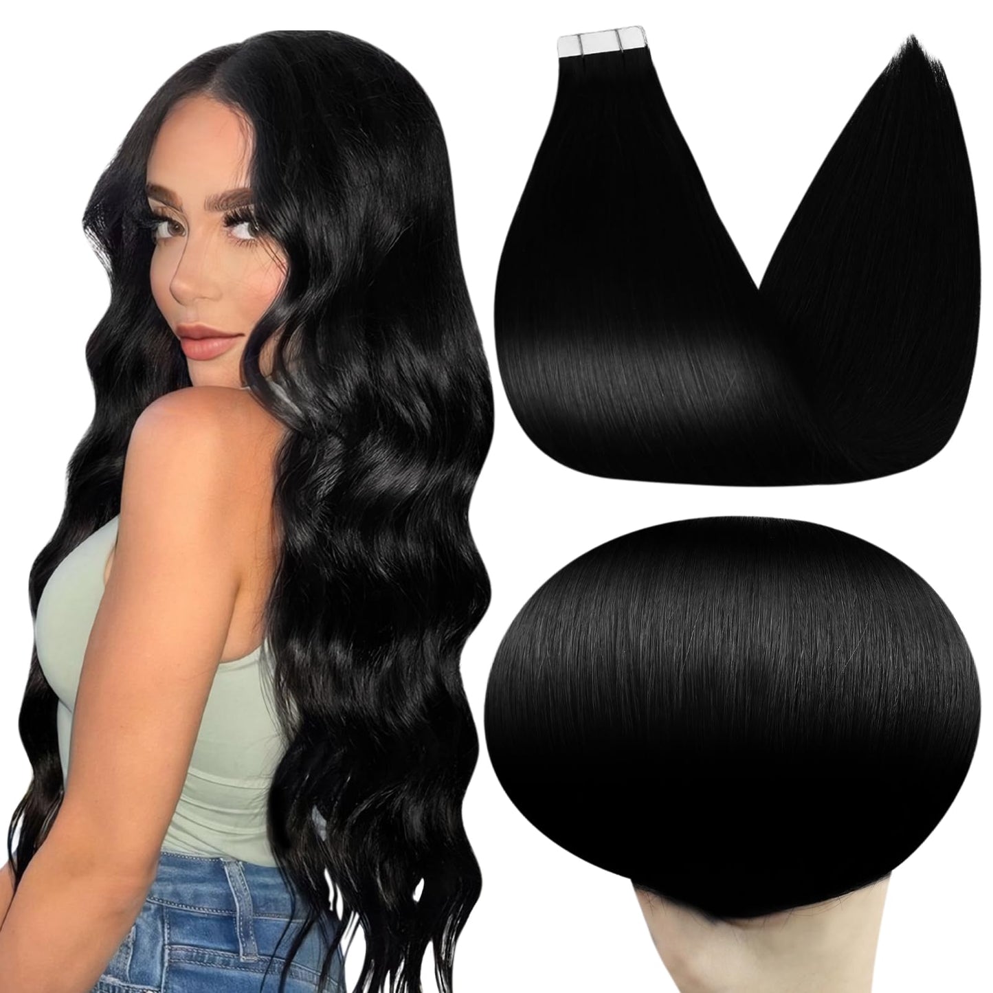 Full Shine Tape in Hair Extensions Human Hair 20 Inch Soft Straight Tape Extensions Color 1 Jet Black Invisible Tape in Hair Extensions 40 Pcs Seamless Skin Weft Hair Extensions Tape in 100Gram