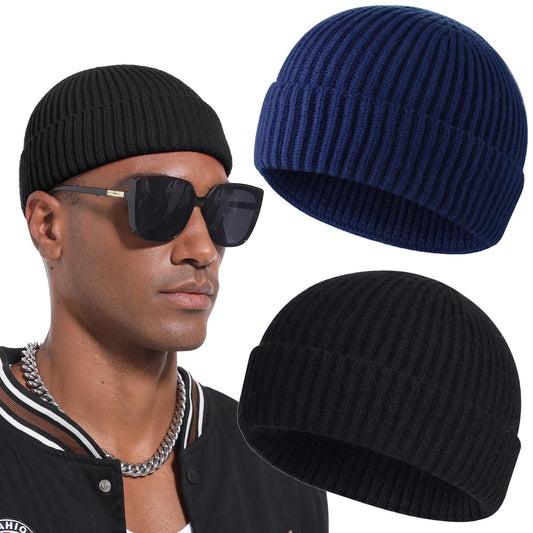 PHILIGHTS 2PCS Swag Wool Short Fisherman Beanie for Men Women, Knit Cuff Warm Winter Hats, Soft Trawler Skull Cap Watch Hat Unisex